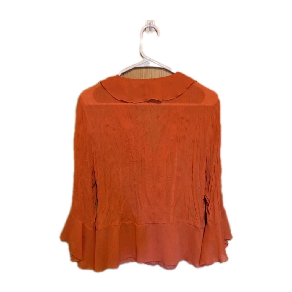 Jaipur Orange Textured Ruffle Sheer Blouse Medium Button Up Flared Sleeve