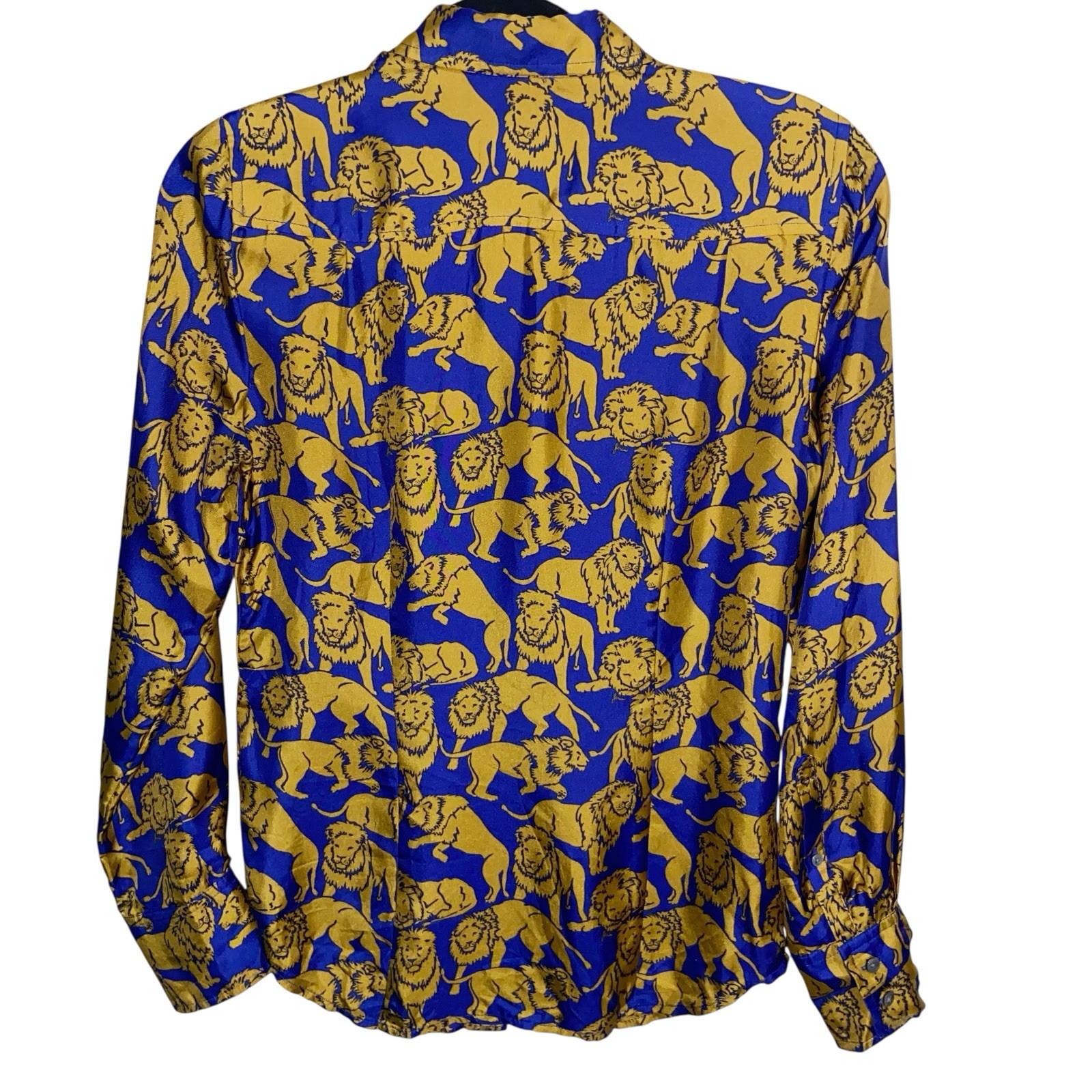 J. Crew Top Womens Size 2 Blouse 100% Silk Twill Sleepy Lions Shirt Preppy Blue