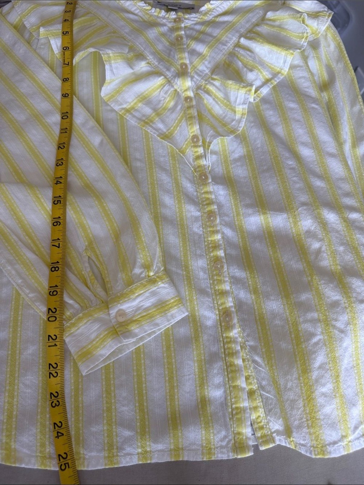 LOFT XL Yellow White Stripe Ruffle Collar Button Front Cotton Blouse Cottage