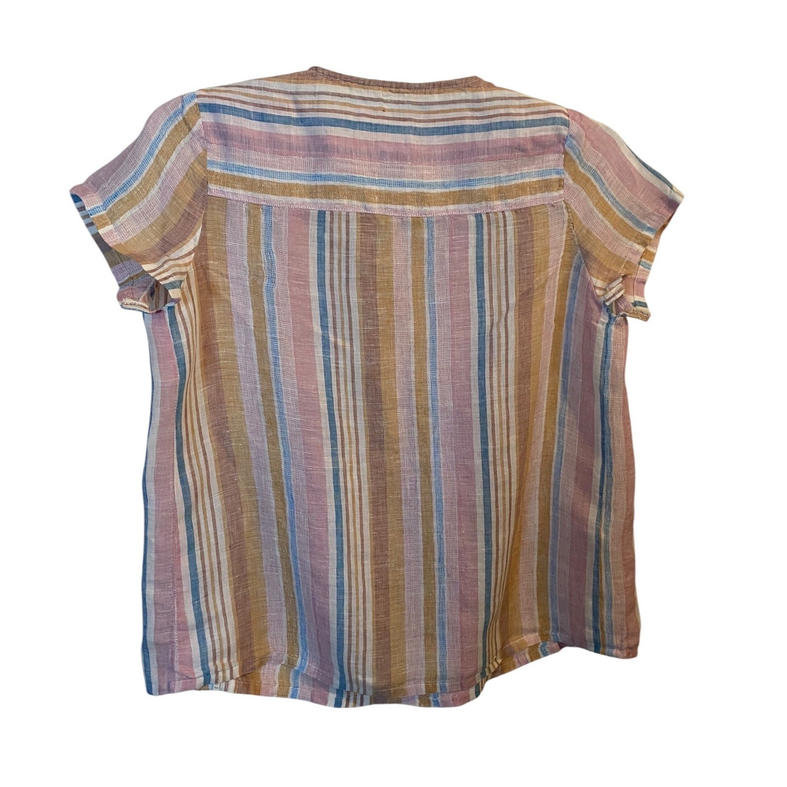 C&C California Womens 100% Linen Striped Cap Sleeve Blouse Pink Blue Small Top