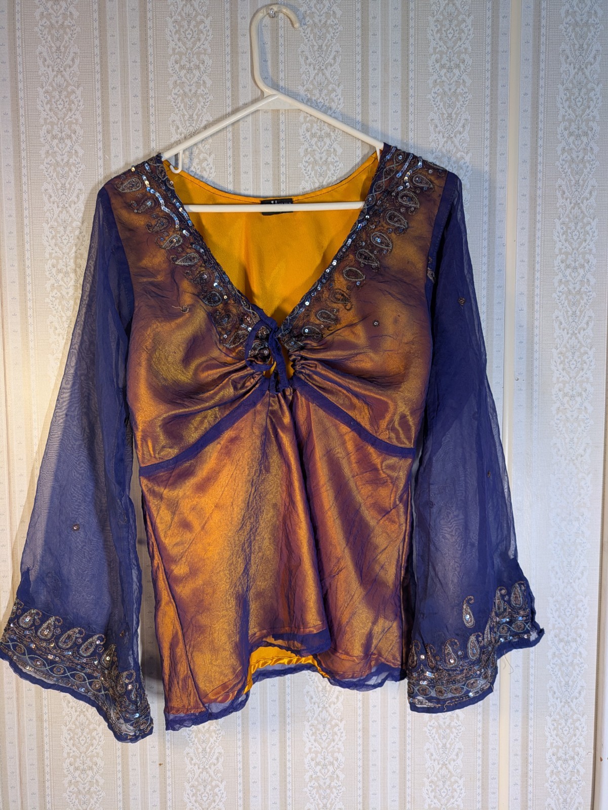 Culture Shop Top. Boho, Squine Bell Sleeve, Irridescent, Belly Dance, Size L