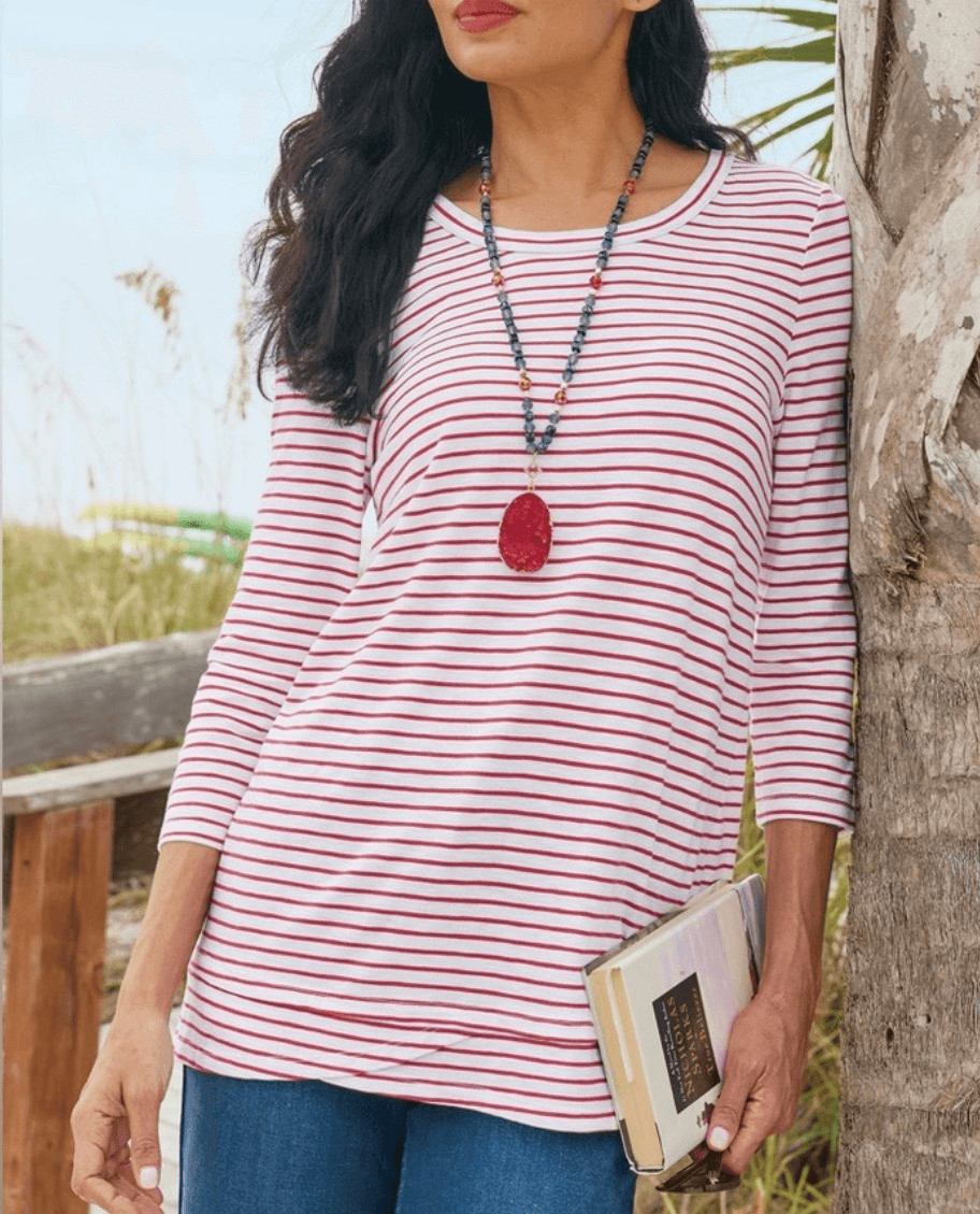 Soft Surroundings Petunia Striped Tunic White red3/4 Sleeve High Low Hem 2X NEW