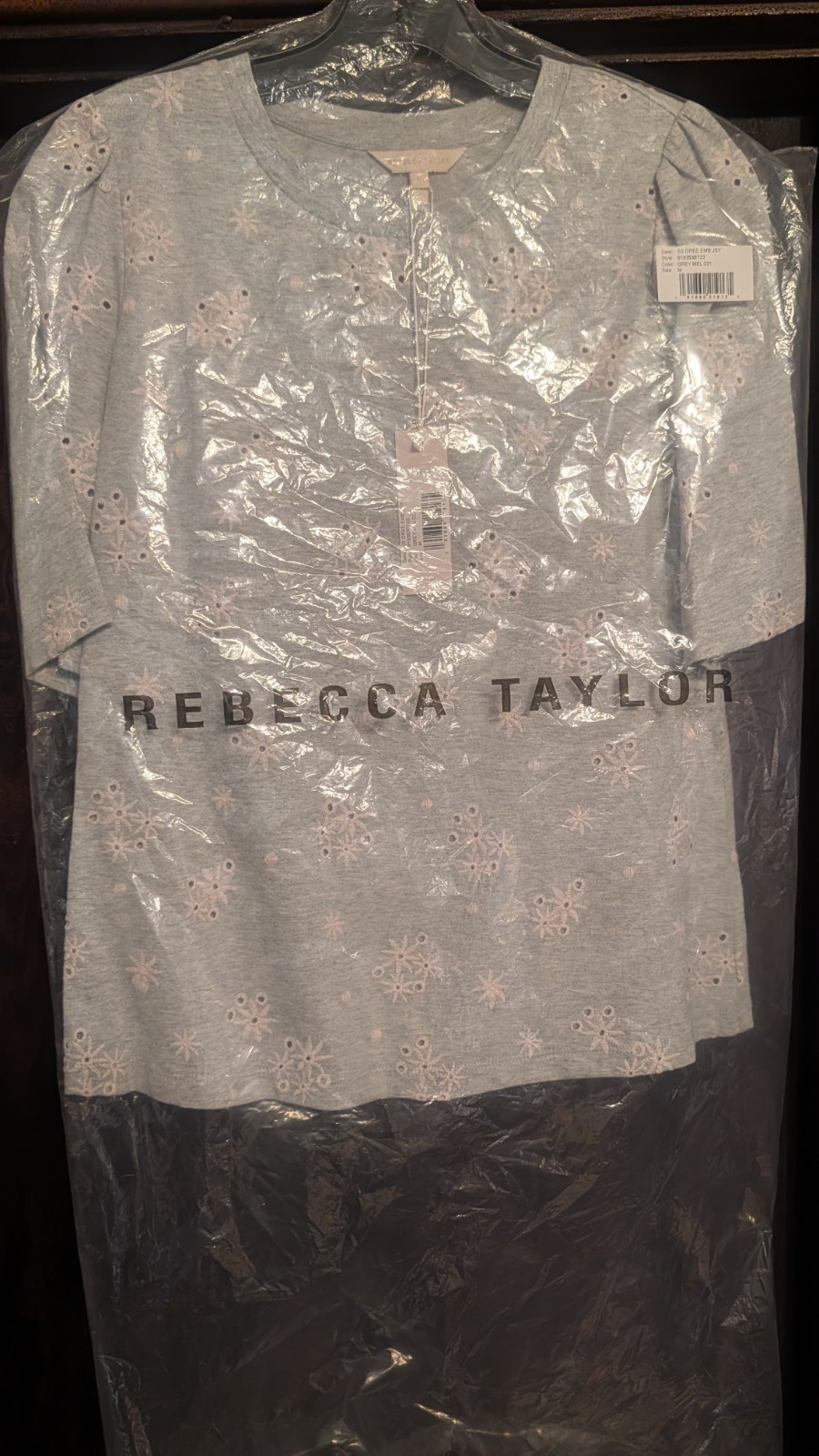 Rebecca Taylor Gray 100% Cotton Embroidered Top, Size M New In Bag (Tag $250.00)