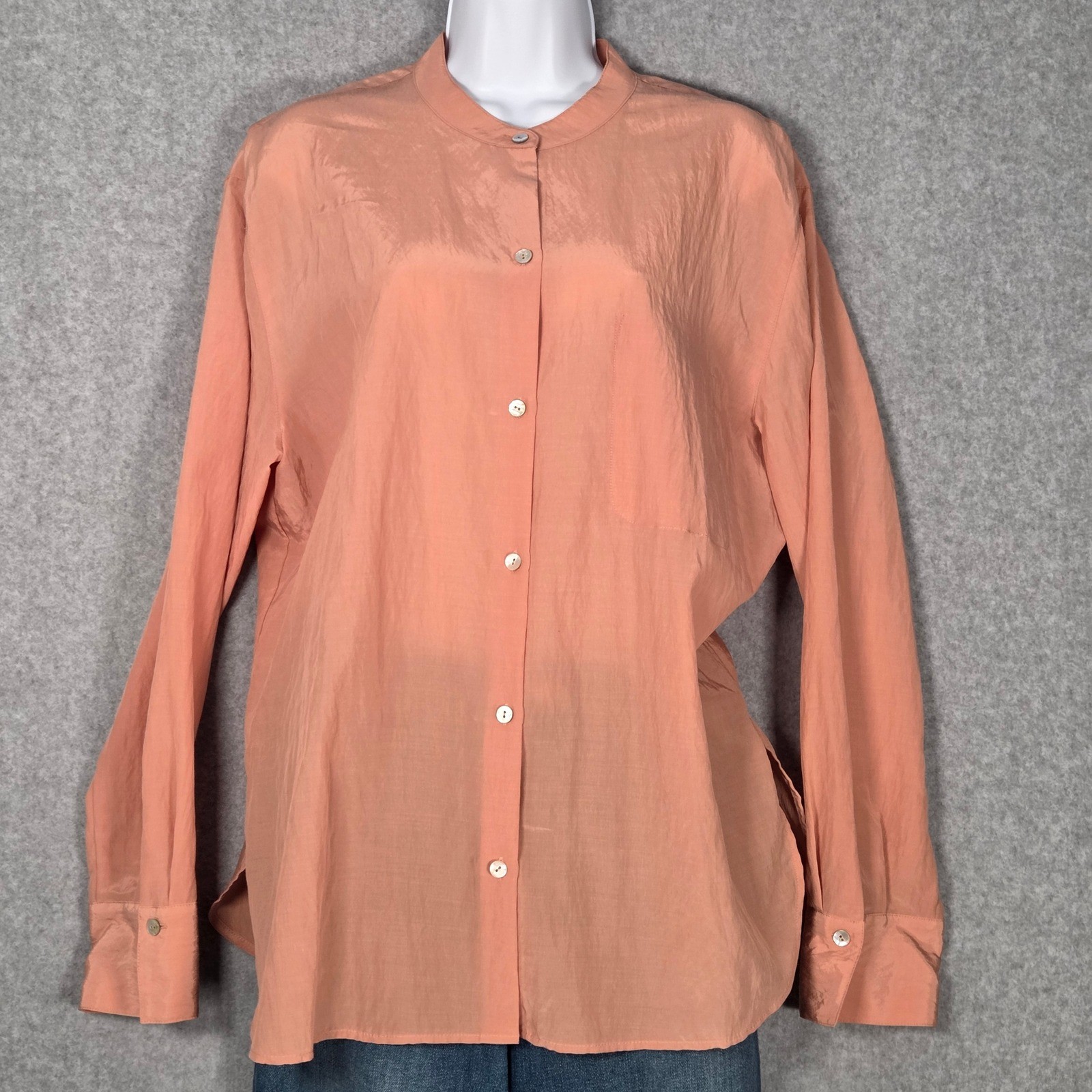 Vince Womens Large Relaxed Band Collar Button Down Blouse Orange Cupro Blend