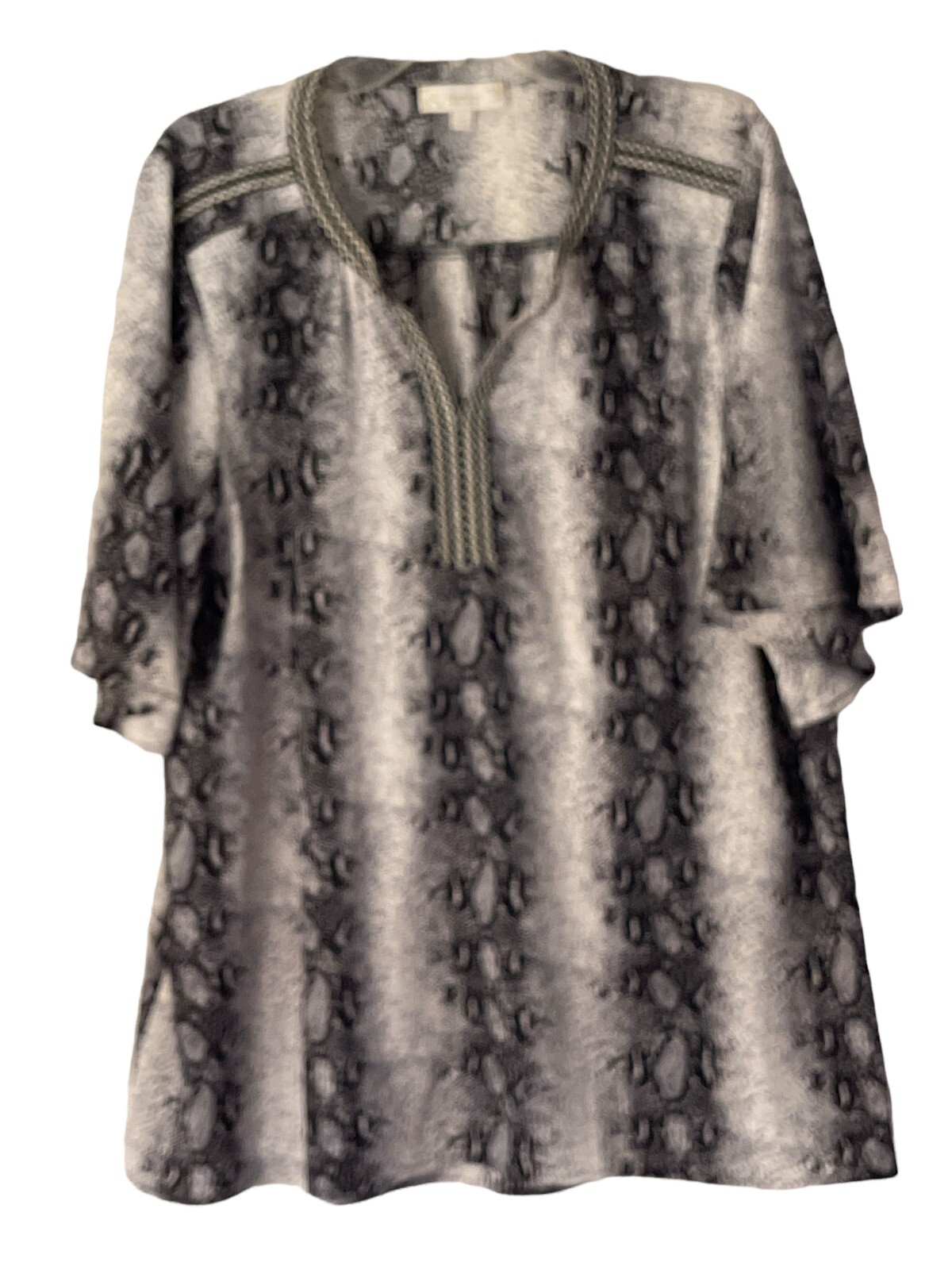 Suzanne Betro 1X Top Black/White Animal Print Contrast Trim V-Neck Tunic Blouse
