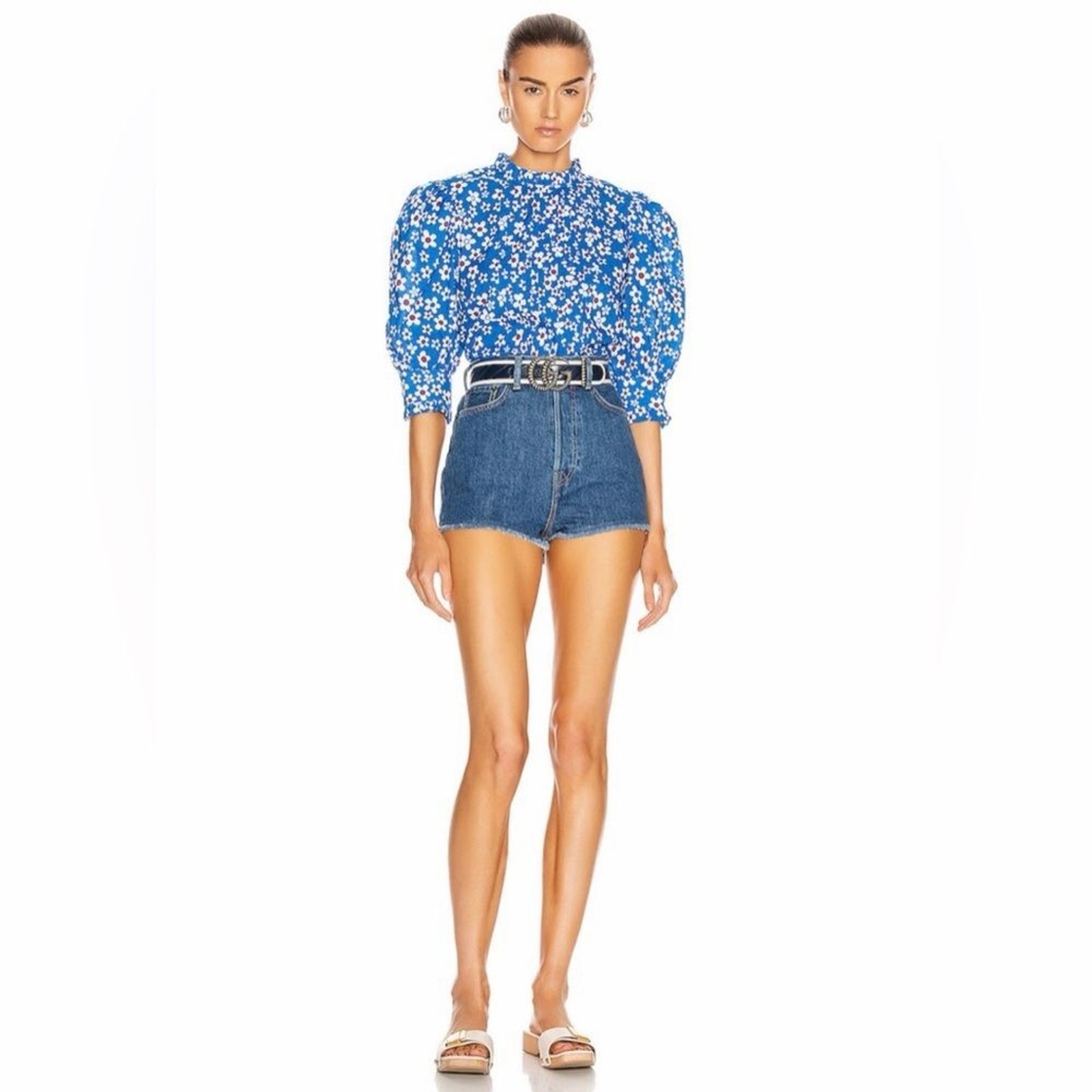RIXO Mandy Retro Ruffle Puff Sleeve Top in Micro Mod Floral Blue Size XS/ US 4