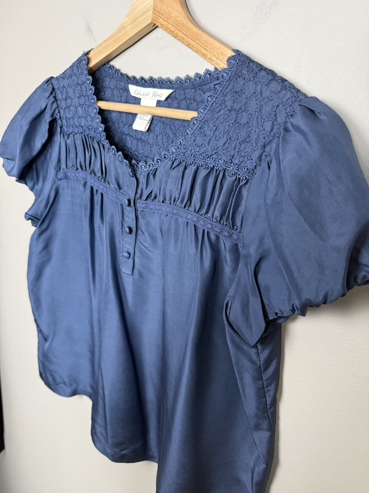 Eduardo Blanco 100% Silk Cottagecore Boho Puff Sleeve Blouse Modest Luxury