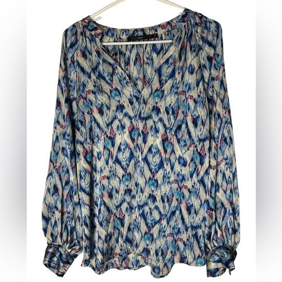 Hazel Blue Pink Ikat Abstract V-Neck Long Sleeve Blouse Top H35437 Womens M