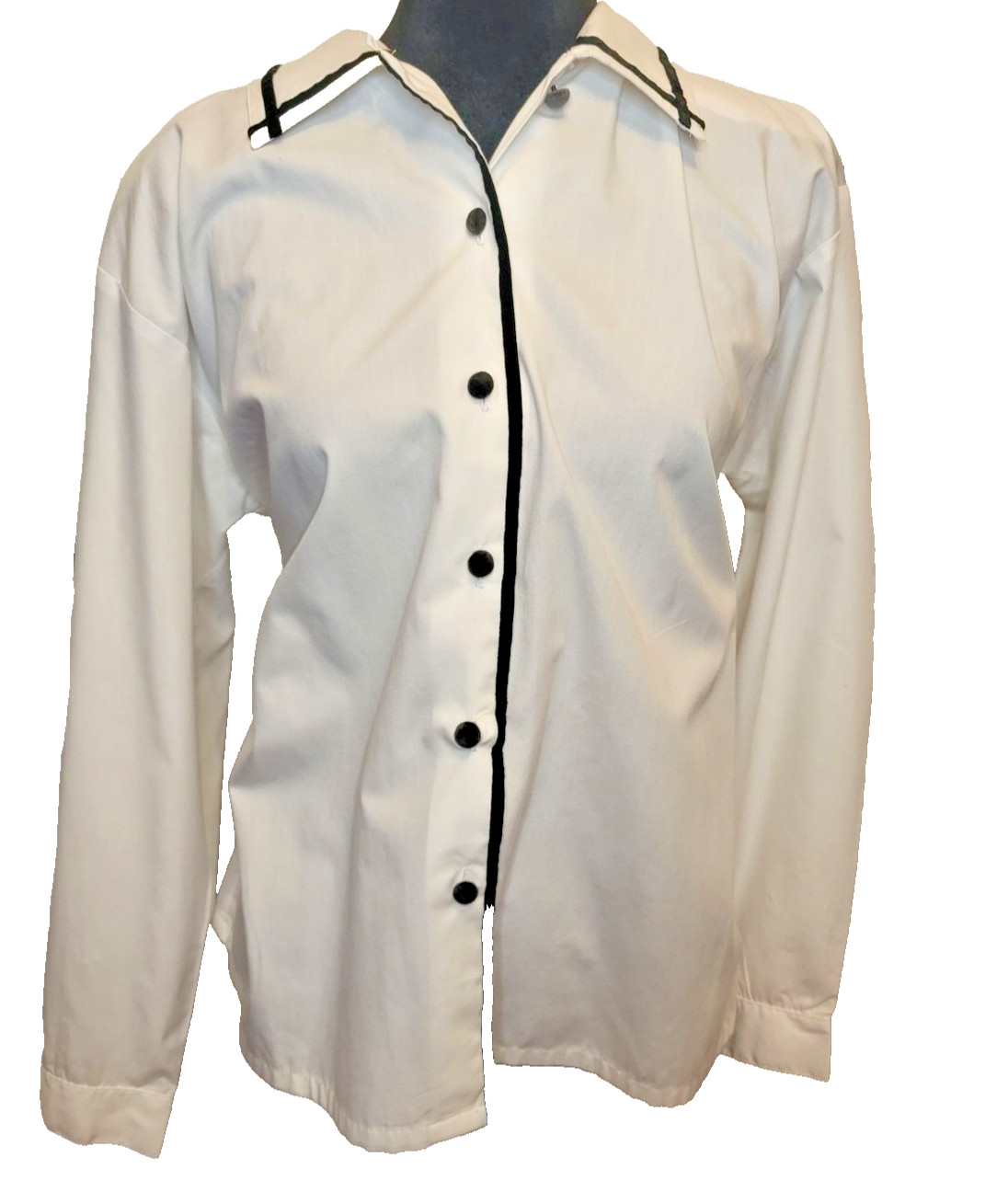 Vintage 90s Koret Petites White Button Up Black Velvet Trim MP Classic Preppy