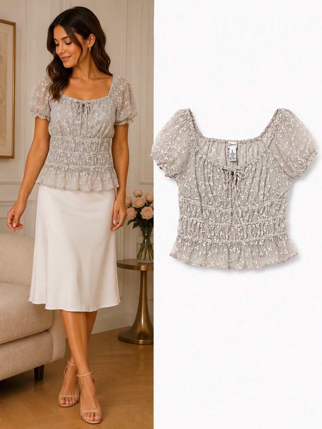Gimmicks Women’s Light Blue/White Floral Lace Sheer Square Neck Blouse, S