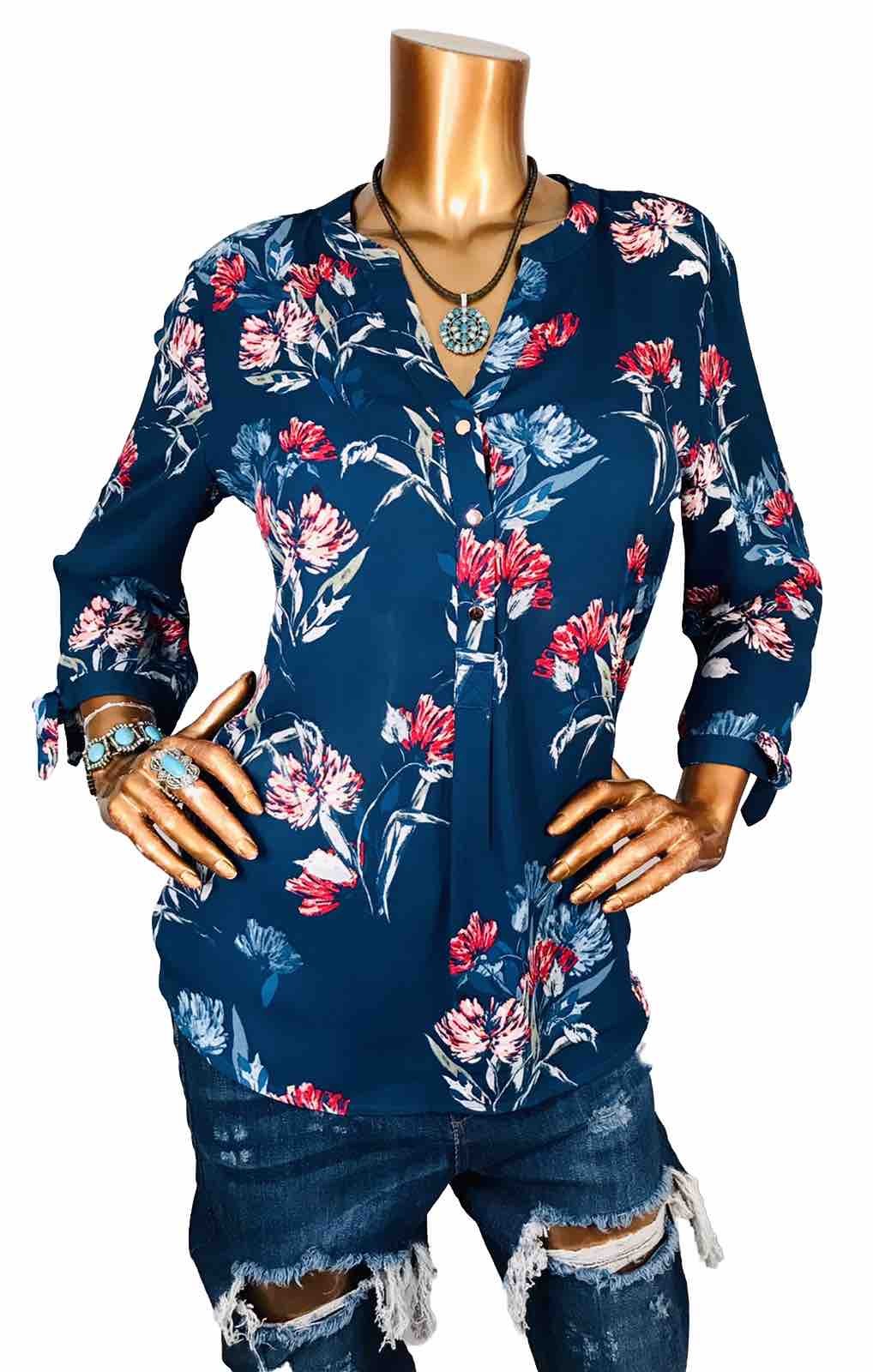 Ivanka Trump L Top Floral Prints 1/2 Button Up Shirt Blouse Low Cut Cuff Ties