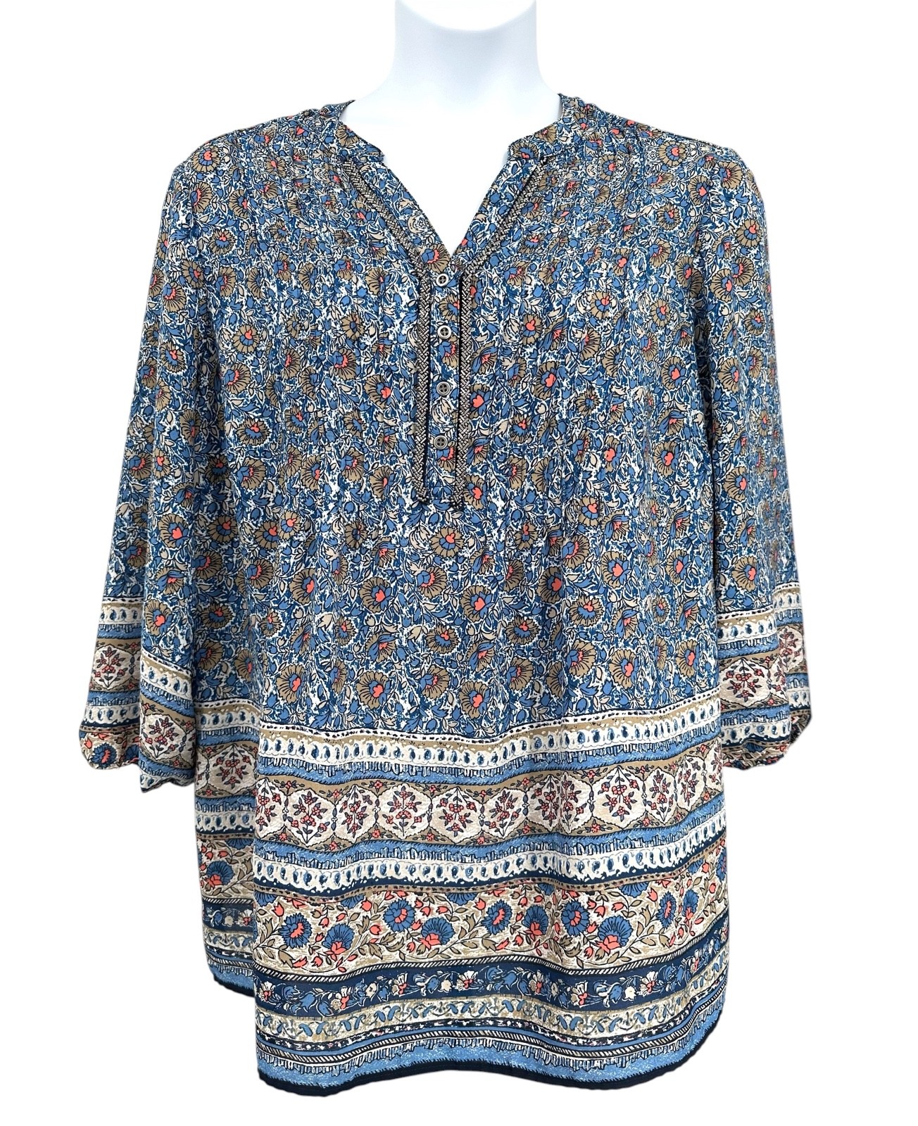 Westport 1962 Peasant Tunic Top Blue Floral Beaded V-Neck 3/4 Sleeves Women’s 3X
