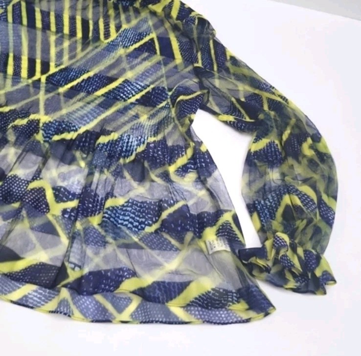 NWOT CQ by CQ Womens Blue and Yellow Mesh Swing Blouse Ruffled Neck Top SMALL