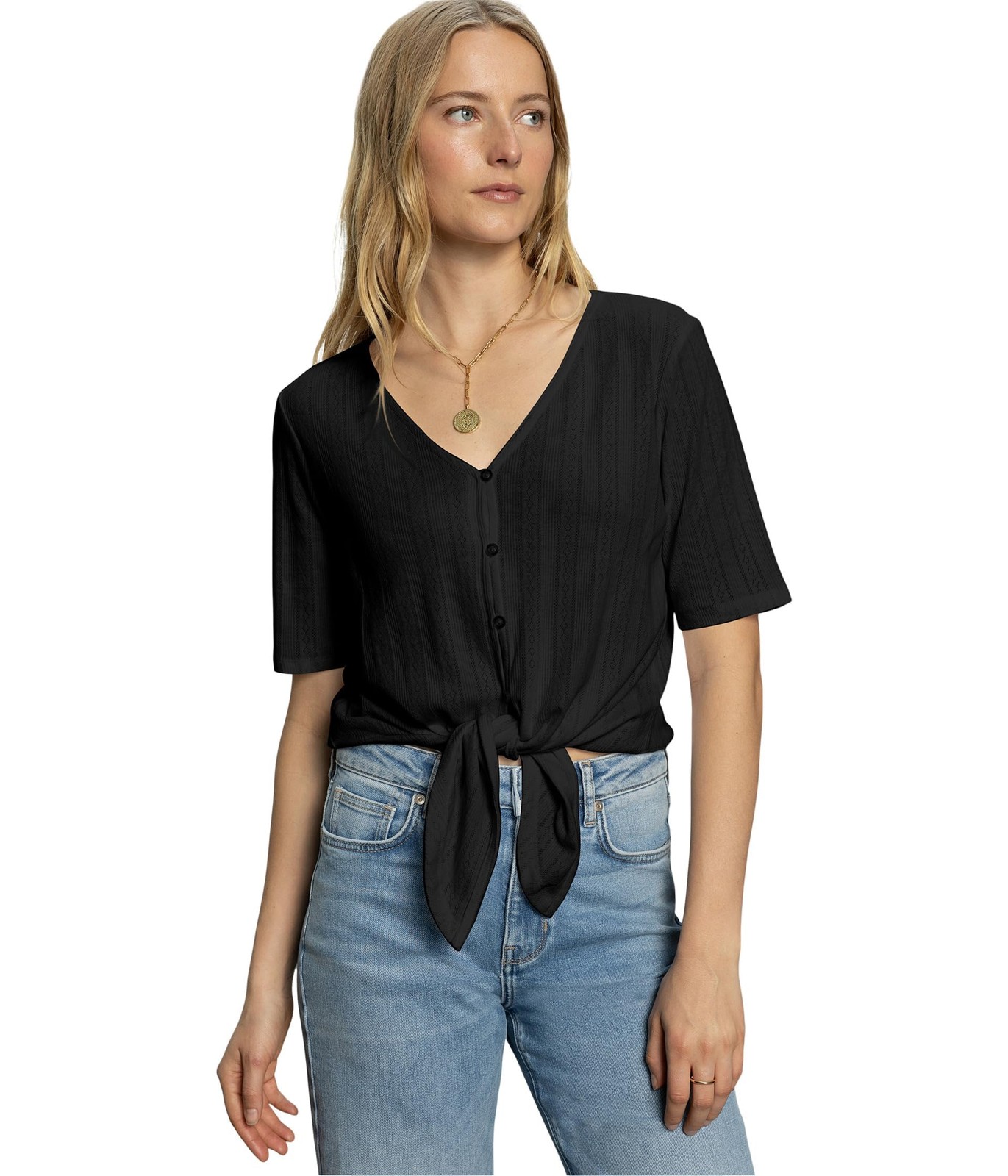 Sanctuary Womens Pointelle Tie Tee Black XS (US 2) One Size