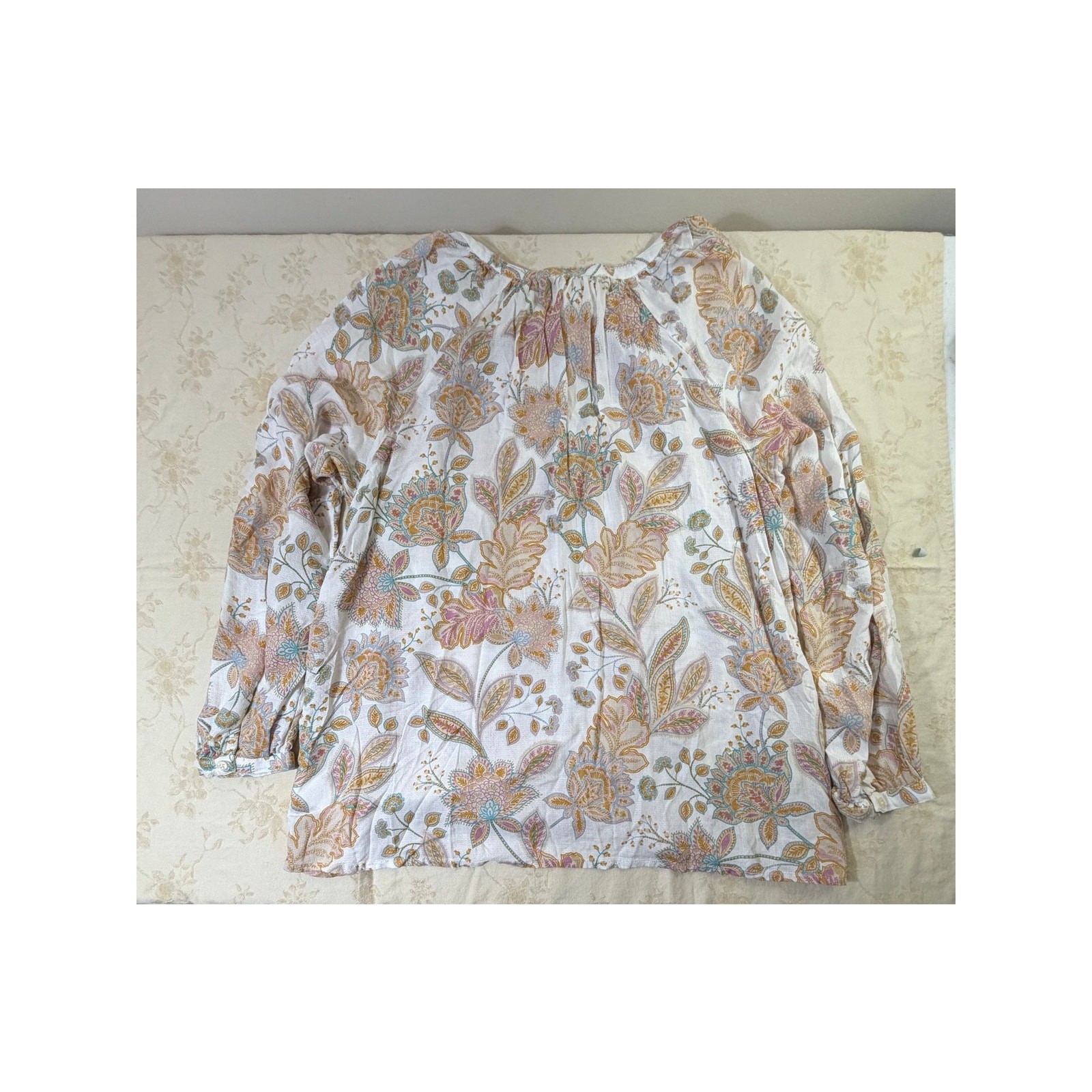 Lucky Brand Womens XL Floral Peasant Blouse Tassel Tie Boho Long Sleeve Top