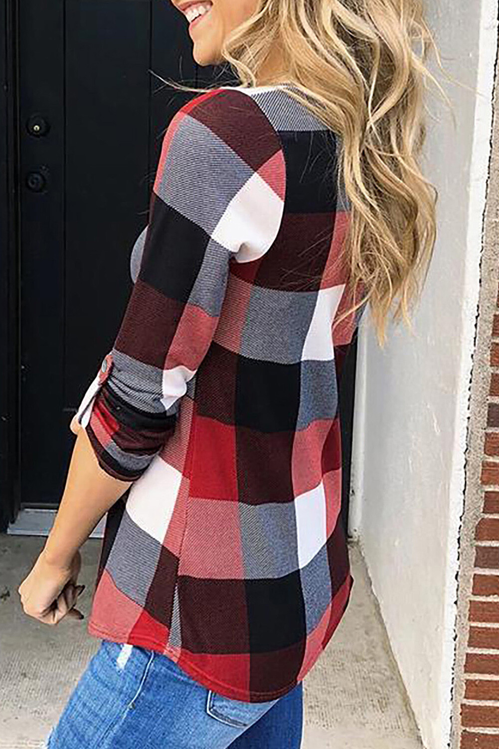 New Women’s Red Black White Plaid V Neck Blouse Top Shirt