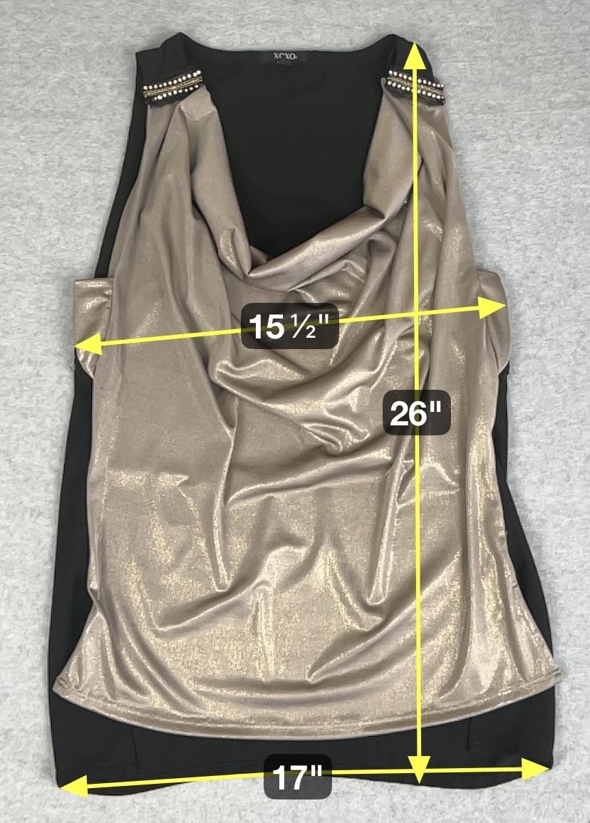 XOXO Tank Top Womens Medium Metallic Gold Black Draped Embellished Sleeveless