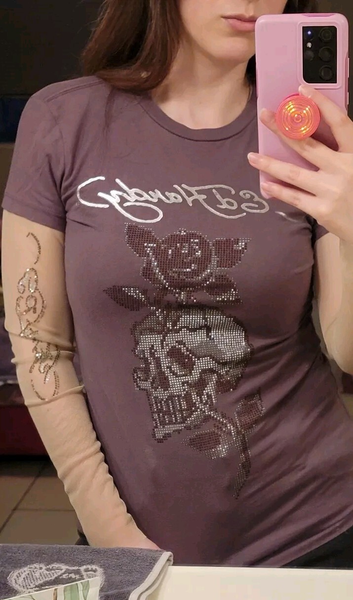 Ed Hardy Swarovski Skull Rose Tattoo Long Sleeve Woman’s Top Y2K Small