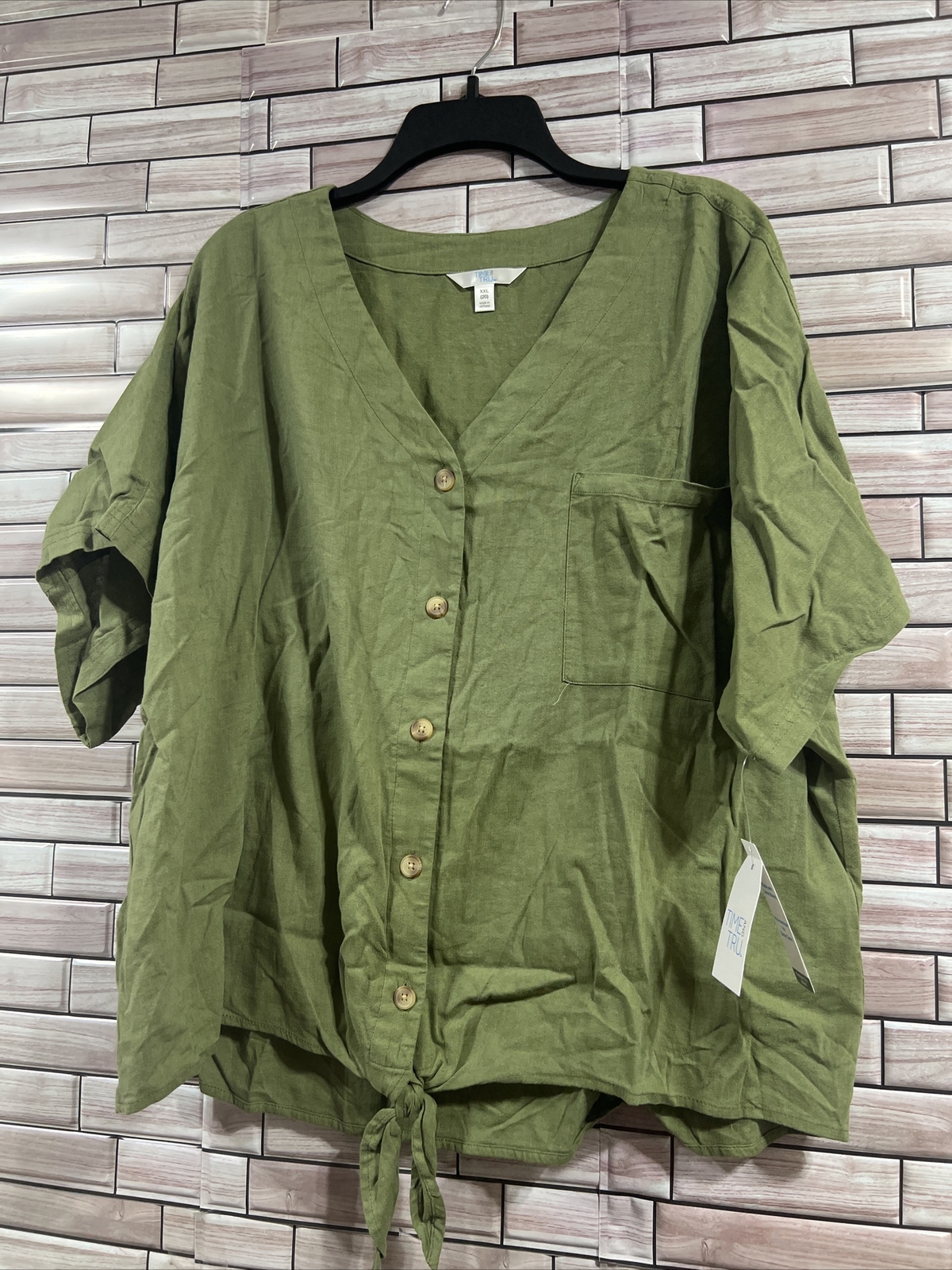 Women tie Front linen top XXL 20 Shirt greenV Neck full button up short slv. NWT