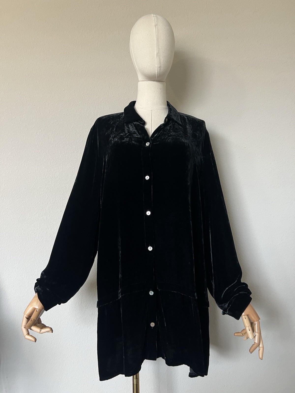 J Jill Top Womens L Tall Black Velvet Button Up Long Sleeve Tunic Silk Blend