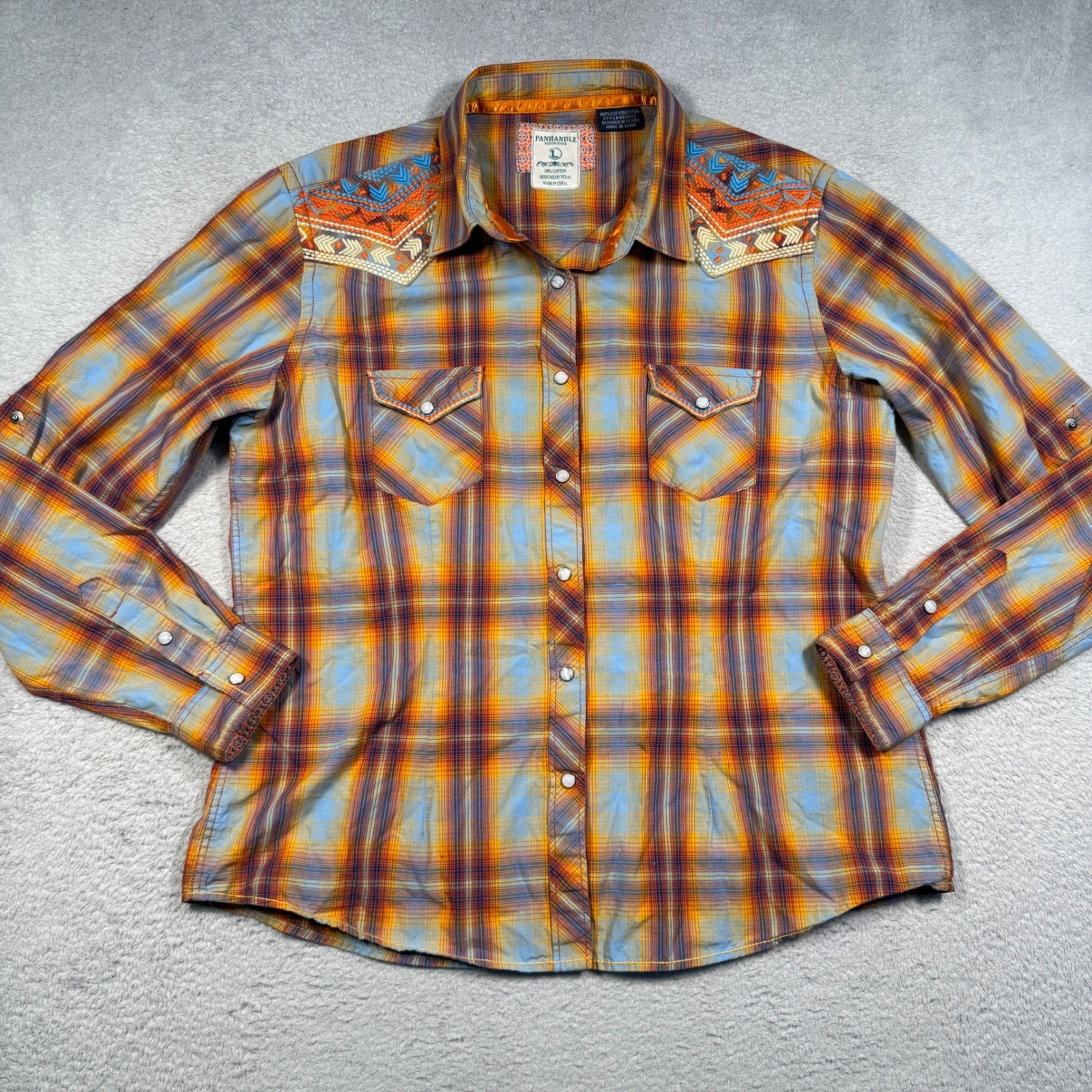 Panhandle Rough Stock Western Shirt Womens L Aztec Plaid Pearl Snap Roll Tab