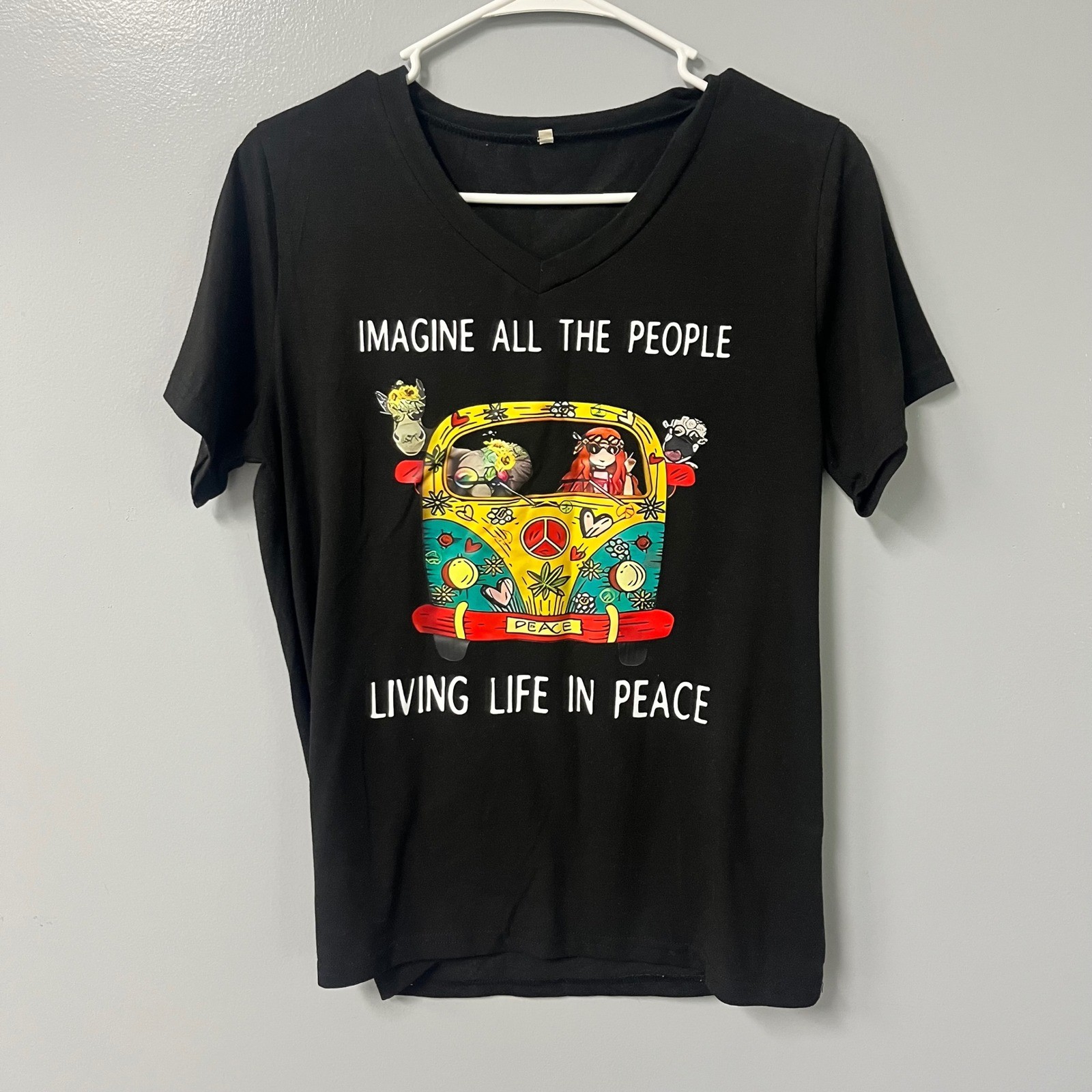 Imagine All The People Peace Bus Graphic V-Neck T-Shirt Black M Retro Hippie