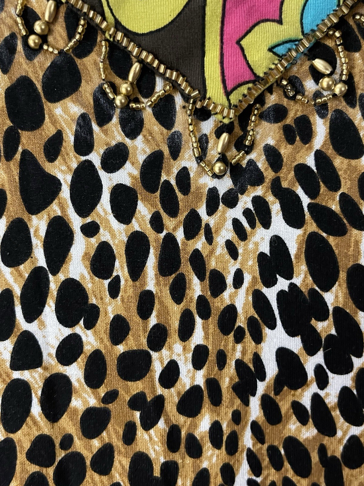 Joyous & Free Top Women S Embellished Tunic V Neck Animal Print Contrast Trim