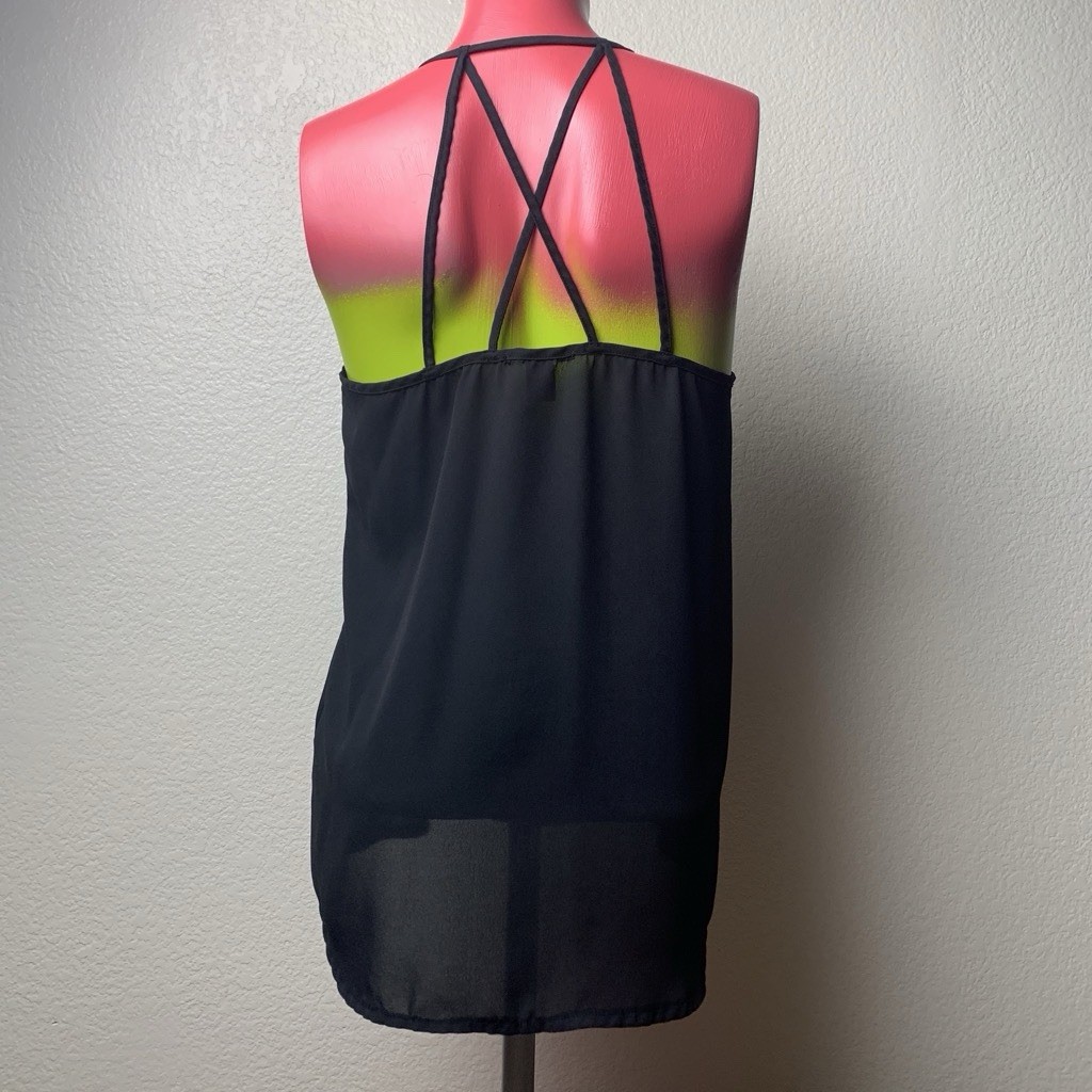Black Chiffon Cami Tank Top Strappy Criss Cross Back Sheer Hem Flowy Blouse M