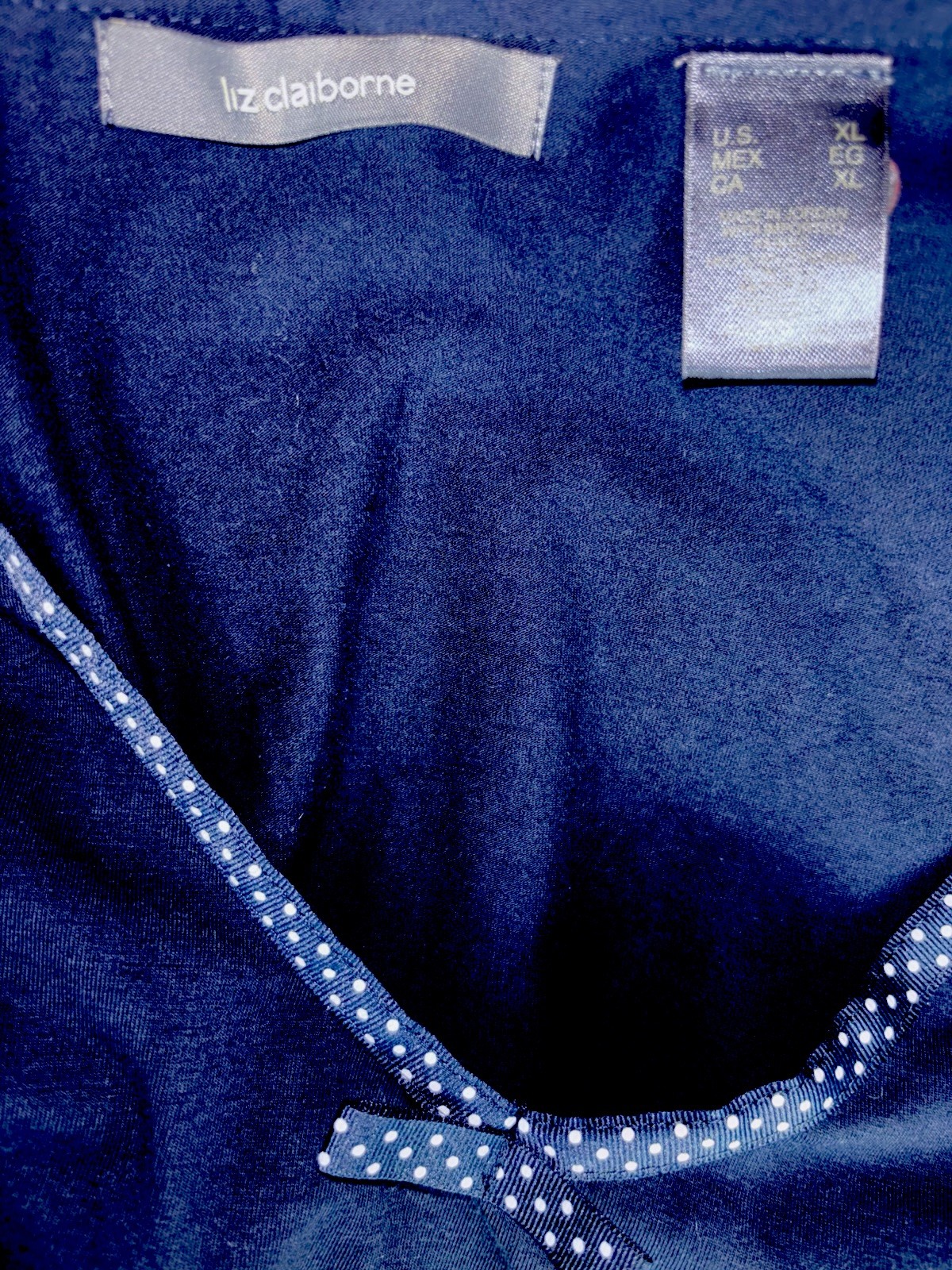 Liz Claiborne Women Size XL Pullover 3/4 Sleeve Polka Dot V-Neck Top Navy w/Bow