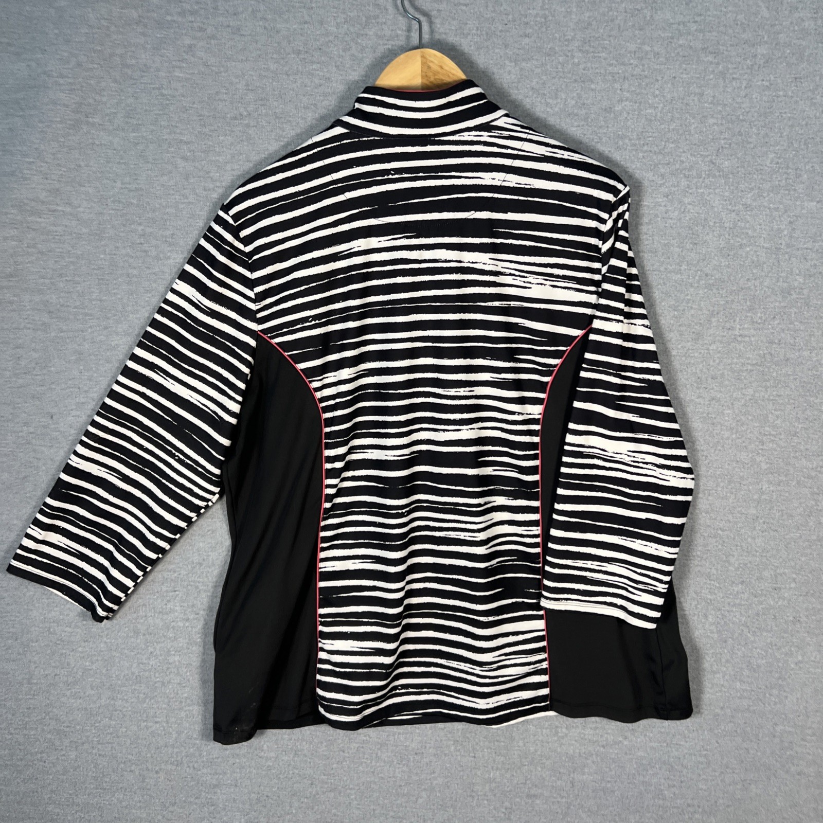 Ruby Rd. Black & White Brushstroke-Stripe 1/3 Zip Top Size XL Hot Pink Trim