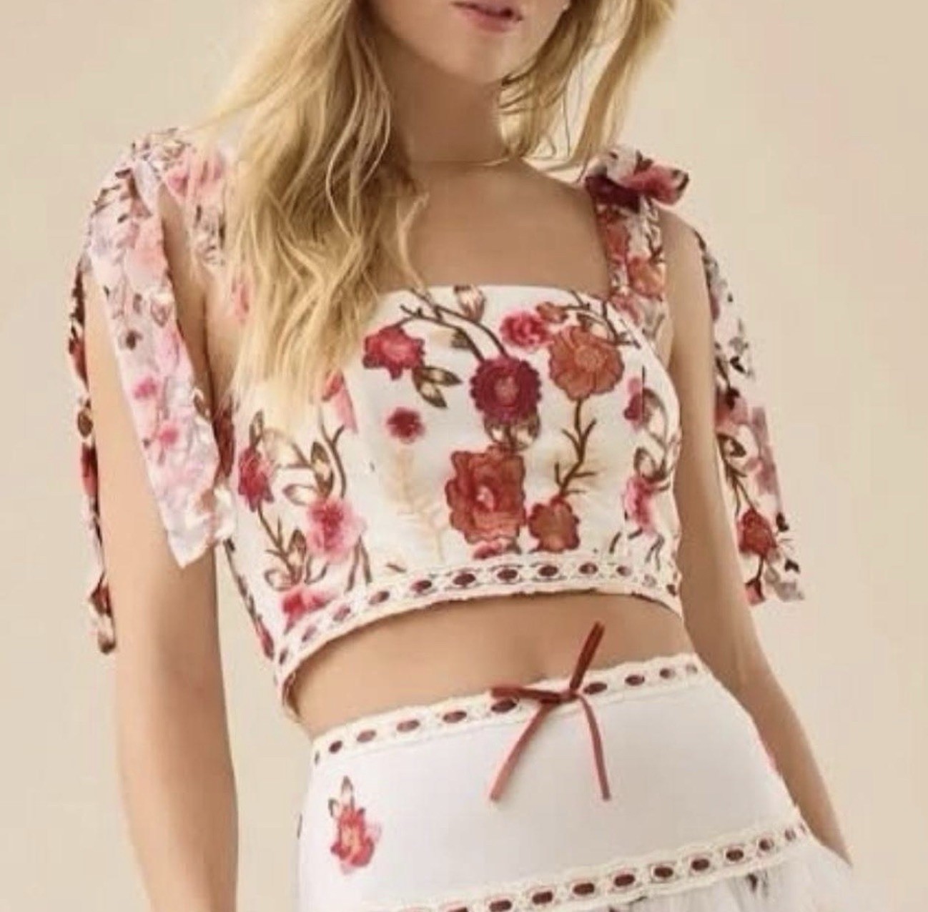 Altar d State Size S Floral Braxlin Embroidered Mesh Tie Strap Cropped Top
