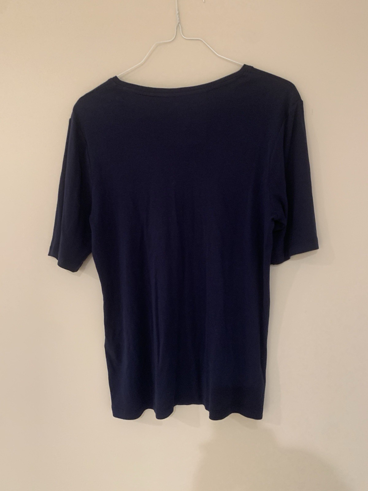 Chico’s Navy Blue V-neck Top, Size 2, Elbow Length Sleeves