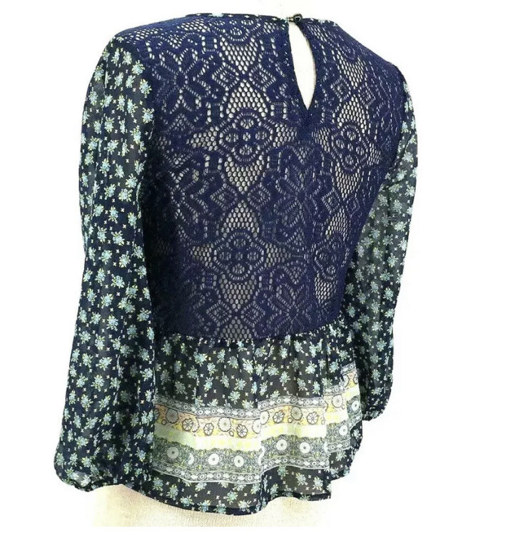 Love Fire Semi-Sheer Boho Lace Floral Blue Women’s 3/4 XS Blouse Extra Small