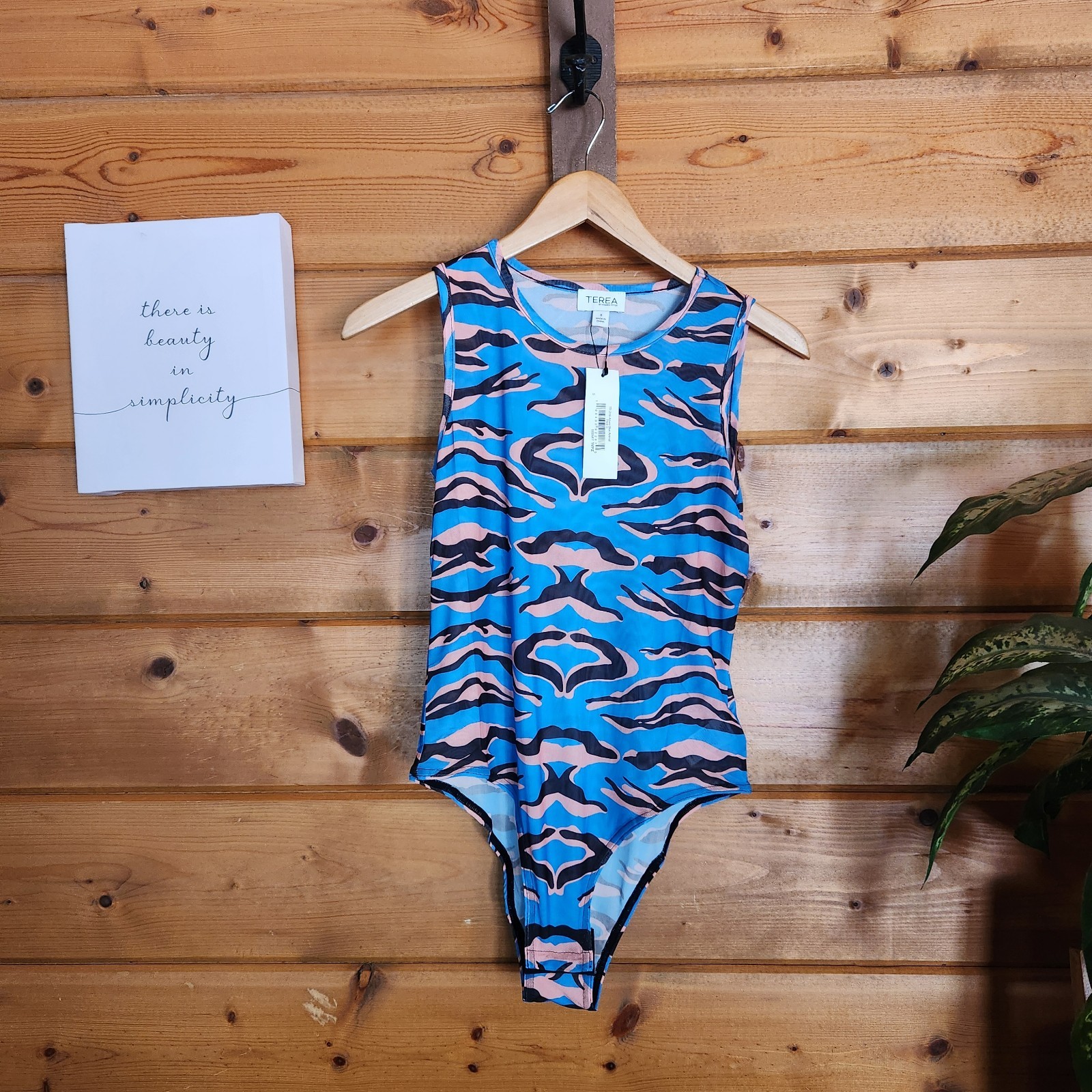TEREA Andrea Pitter NWT Astrid Mesh Bodysuit Azure Blue Animal Prnt Stretch Sz S