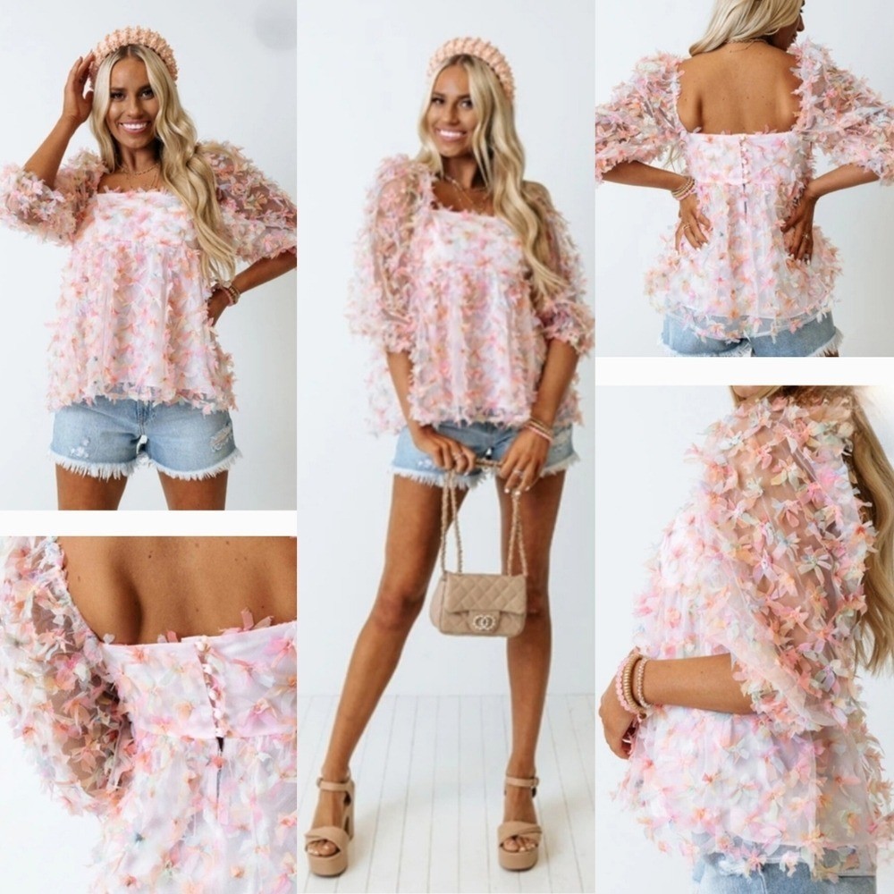 Storia Floral Frills Pink Babydoll Top Textured 3D Baby Pink Womens Size M