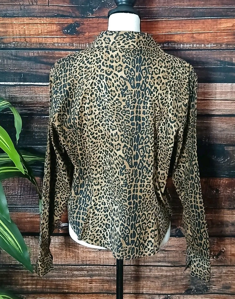 Coldwater Creek Large Blouse Top Full Zip Leopard Print Cotton Stretch Pleated