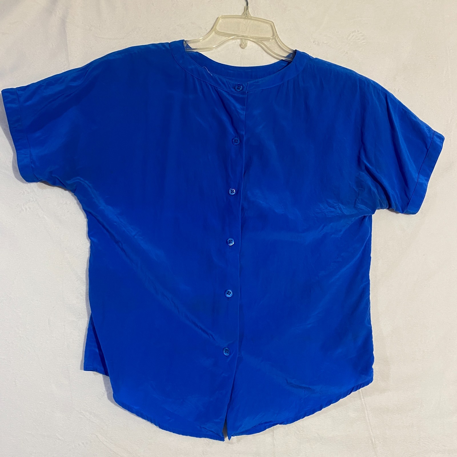 Vintage I. Magnin Button Up Shirt Womens M Royal Blue Silk Band Collar Classic