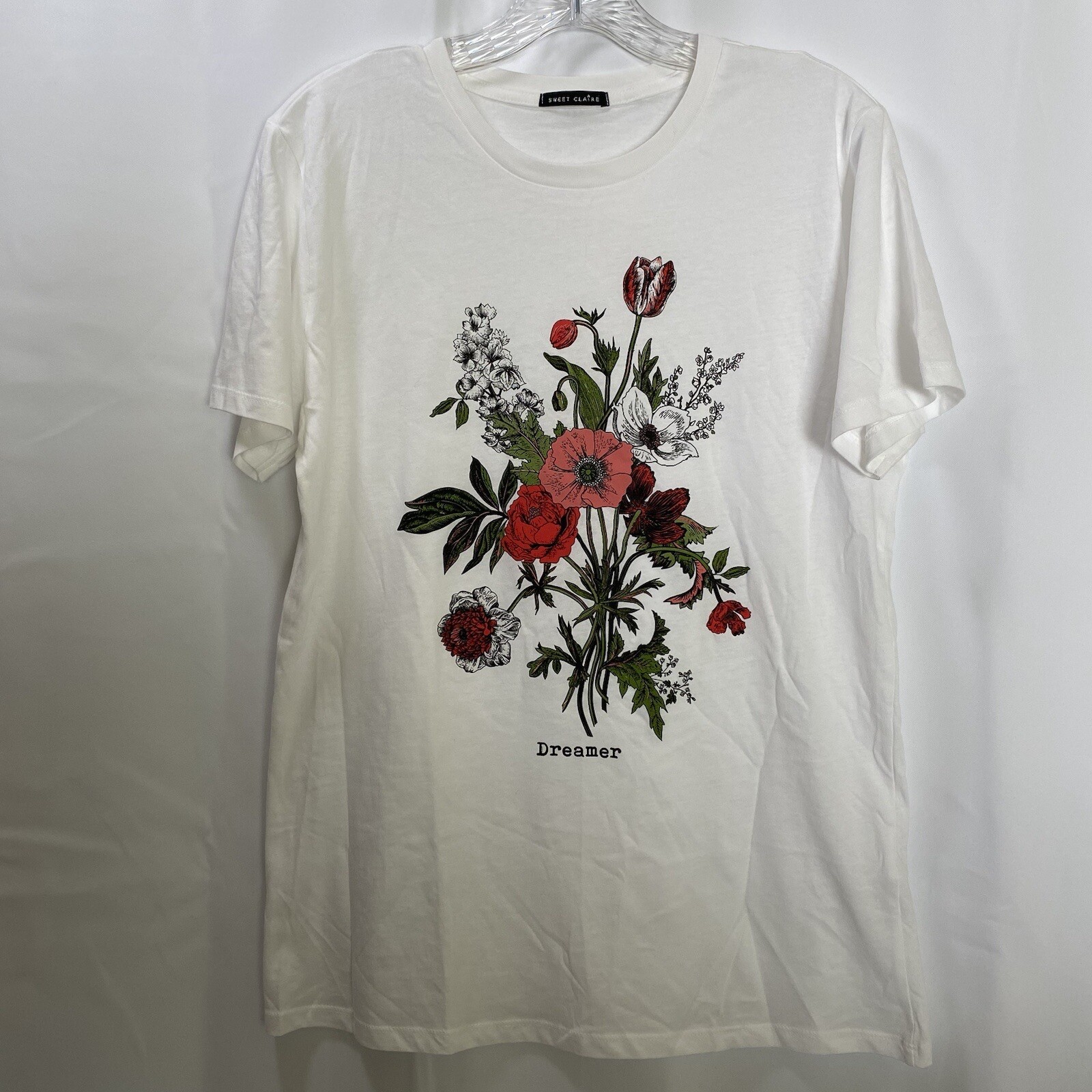 Sweet Claire Graphic T-Shirt Womens L Dreamer Wildflowers Short Sleeve White USA