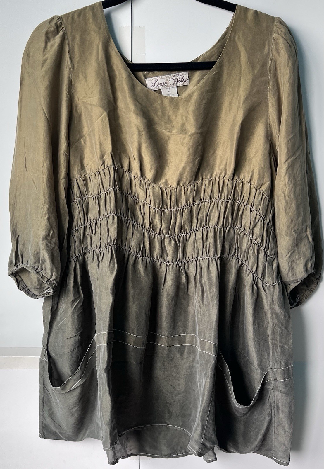NWT Love Notes 100% silk Smocked Tunic Top XL Olive Khahi Boho Bishop Sleeve