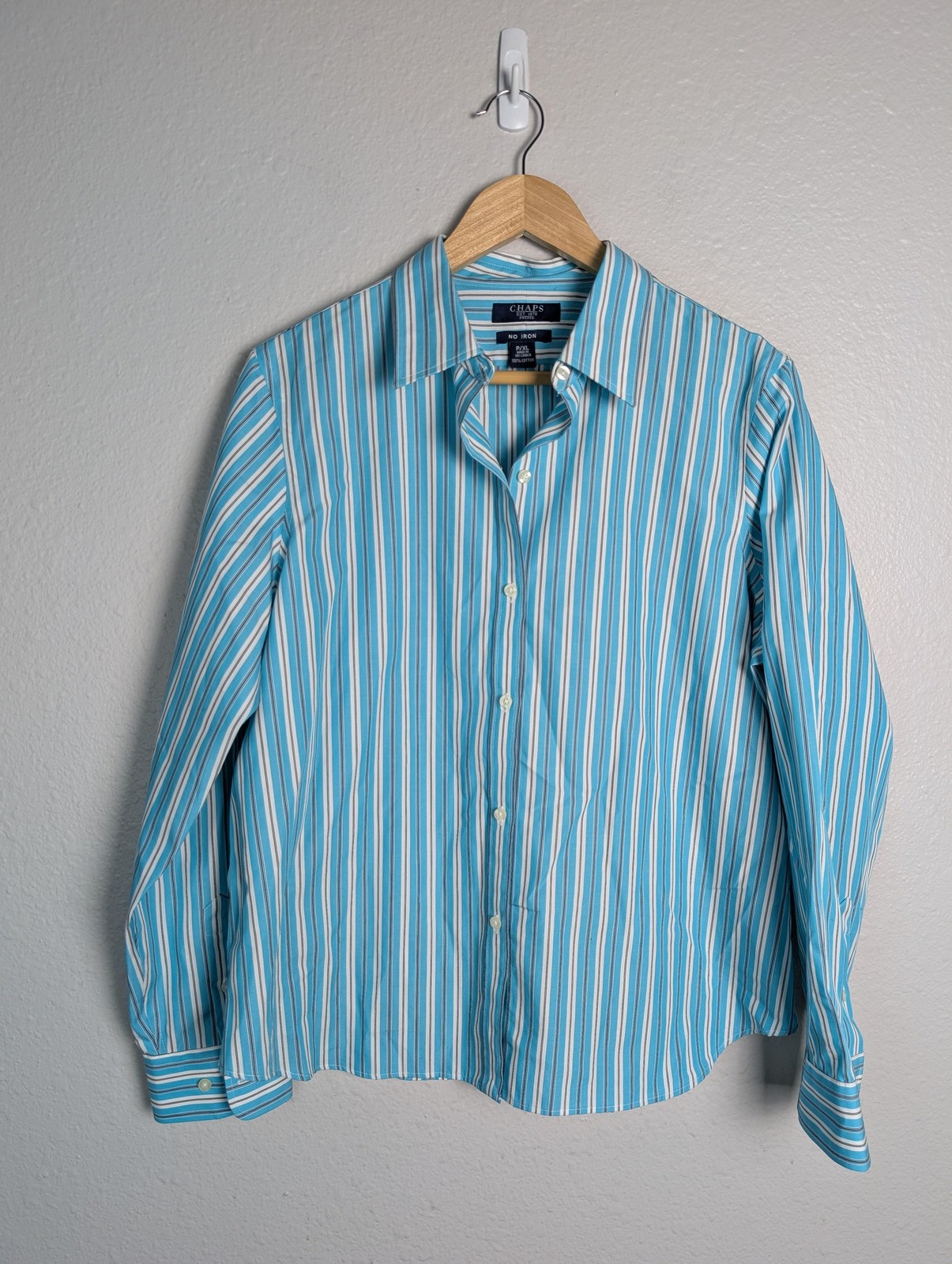 Chaps Button-Up Womens P/XL Blue Striped Collared Long Sleeve Cotton Easy Care