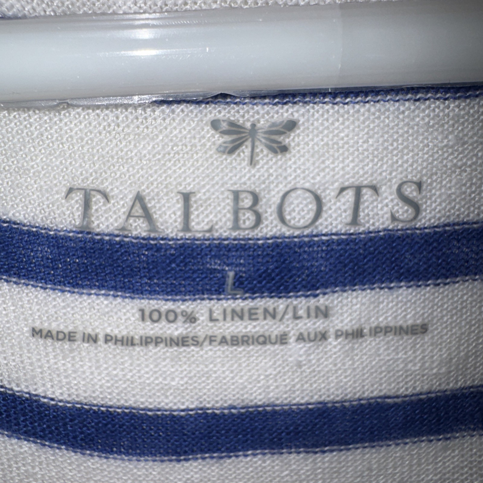 Talbots Woman Top Linen Pullover Tee Size Large Blue White Striped Relaxed Fit