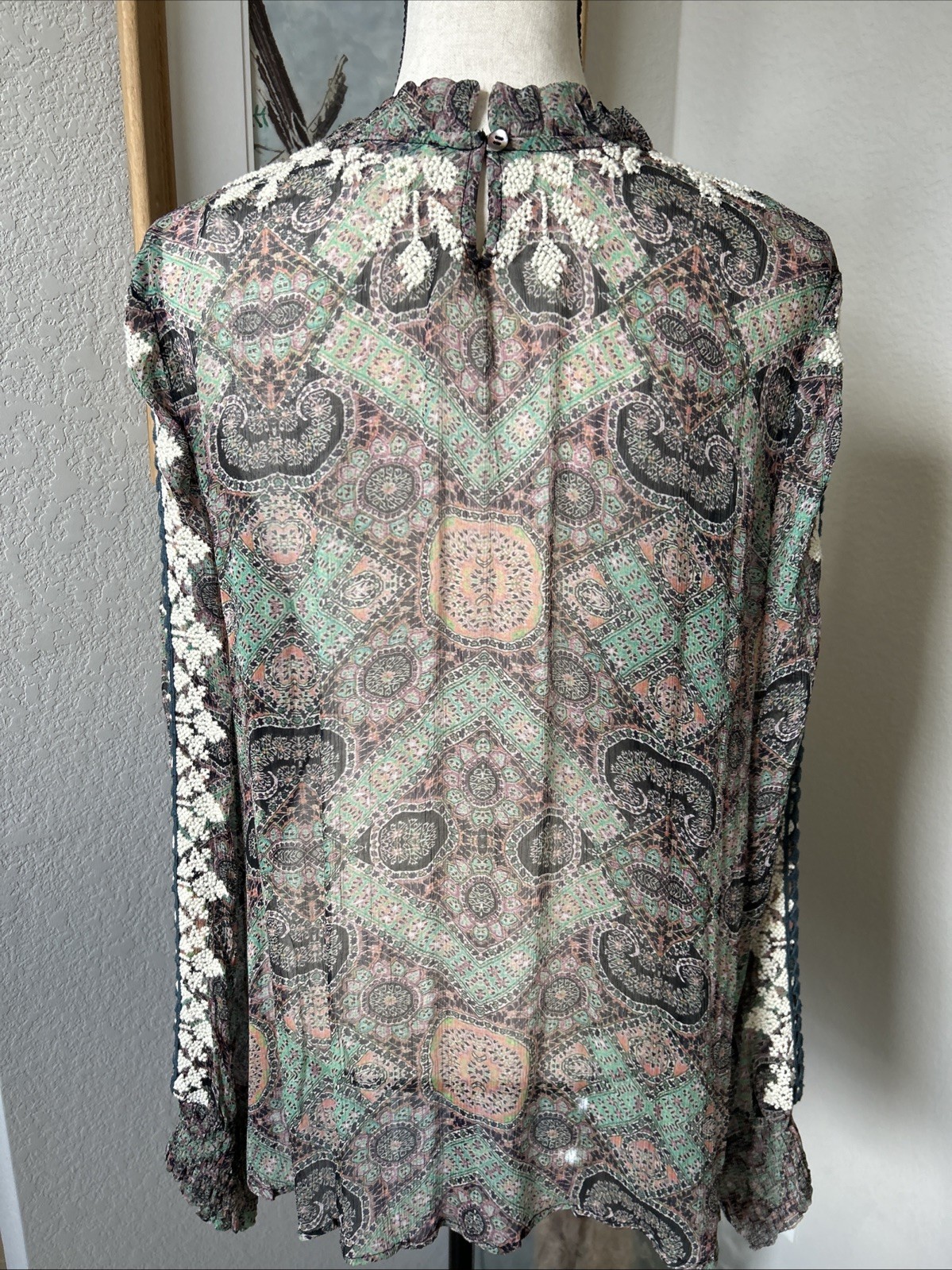 Sundance Boho Victorian Charms Sheer Embroidered Lace Blouse Purple Cottagecore