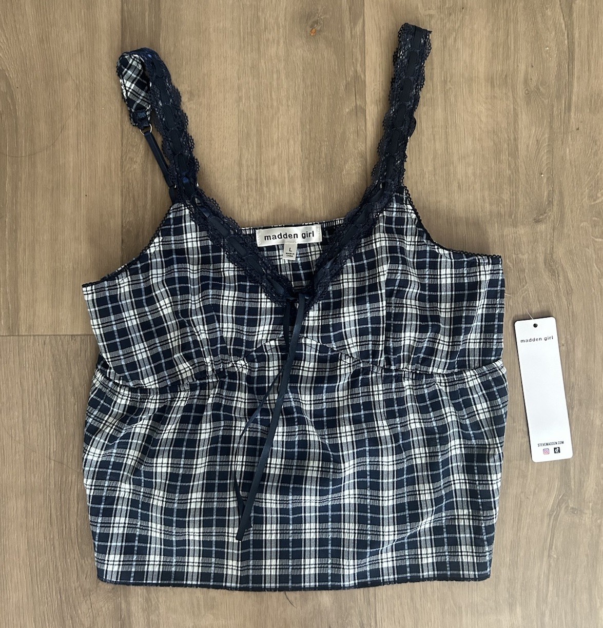 Madden Girl Women’s Blue Plaid Cami Top, Size Large