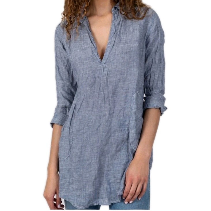 CP Shades 100% Linen Teton Tunic Dress Beach Coverup Blue Size M Long Sleeve