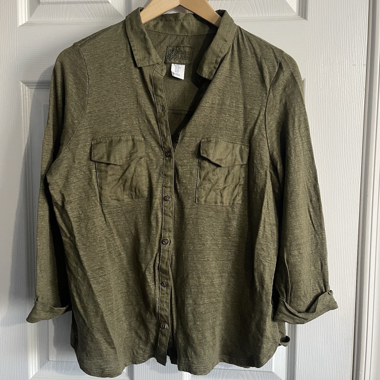 Sigrid Olsen 100% Linen Button Shirt Womens M Green 3/4 Cuffed Sleeves Pockets