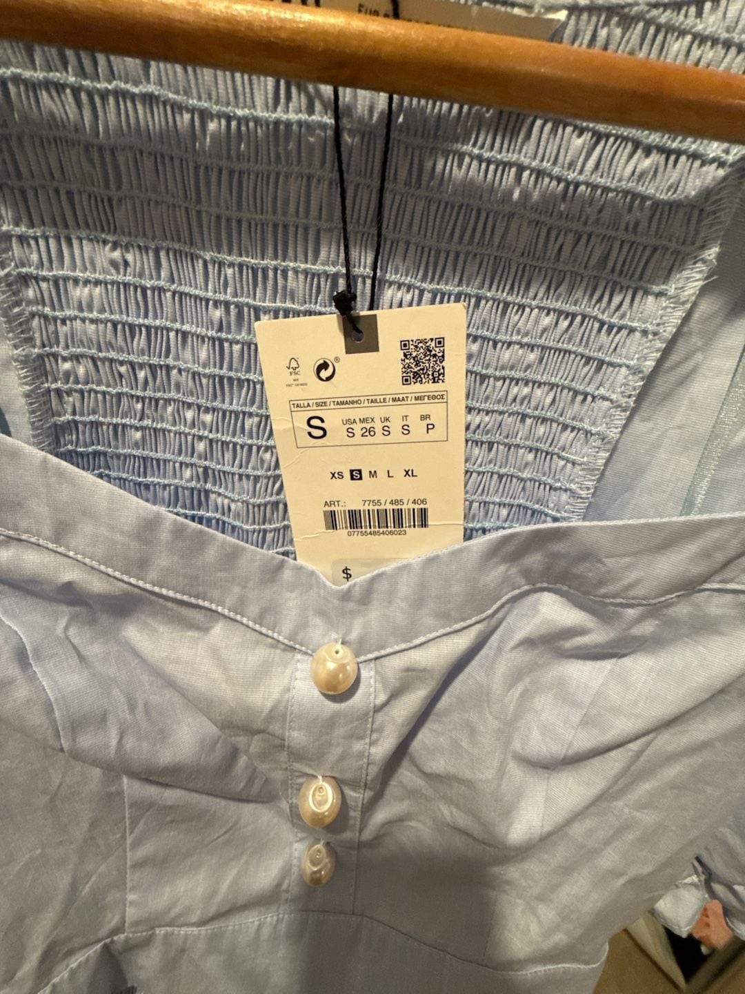 Zara Baby Blue Puff Sleeve Crop Top with Faux Pearl Buttons