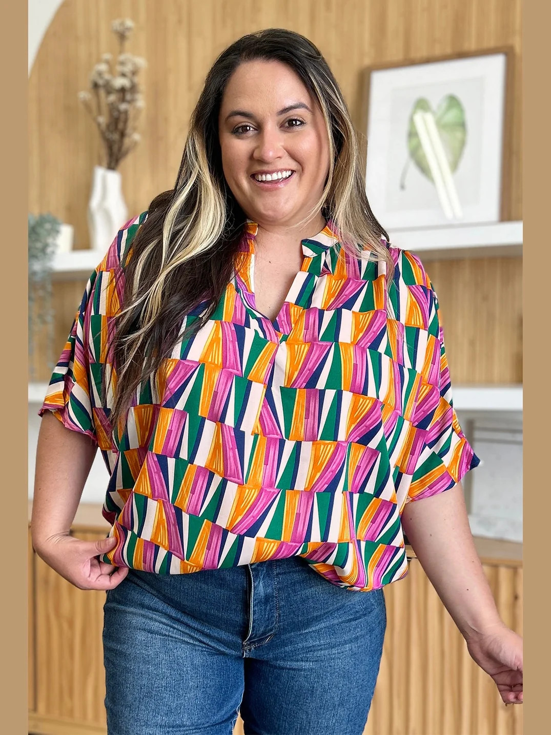 Women Double Take Full Size Geometric Notched Dolman Sleeve Top
