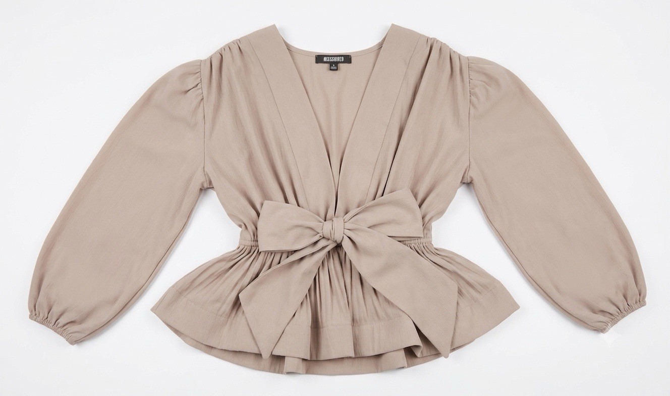 Missguided Peasant Boho Plunge Deep V Bow Tie Waist Peplum Blouse Top Taupe 4 S