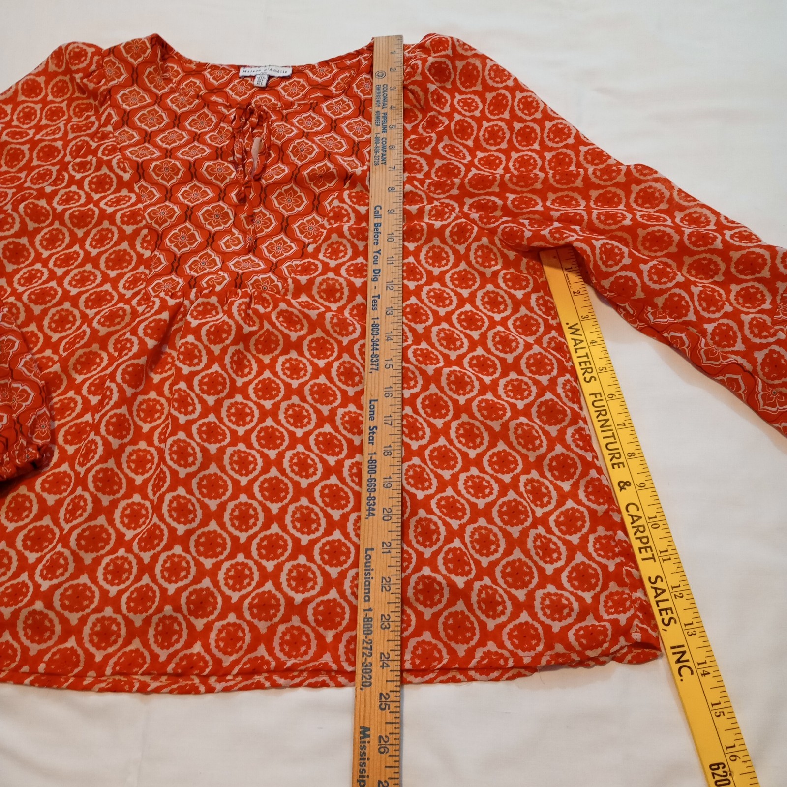 Maison D’Amelie Womens Size L Blouse Lined Chiffon Keyhole Orange Tie Ruffle LNC