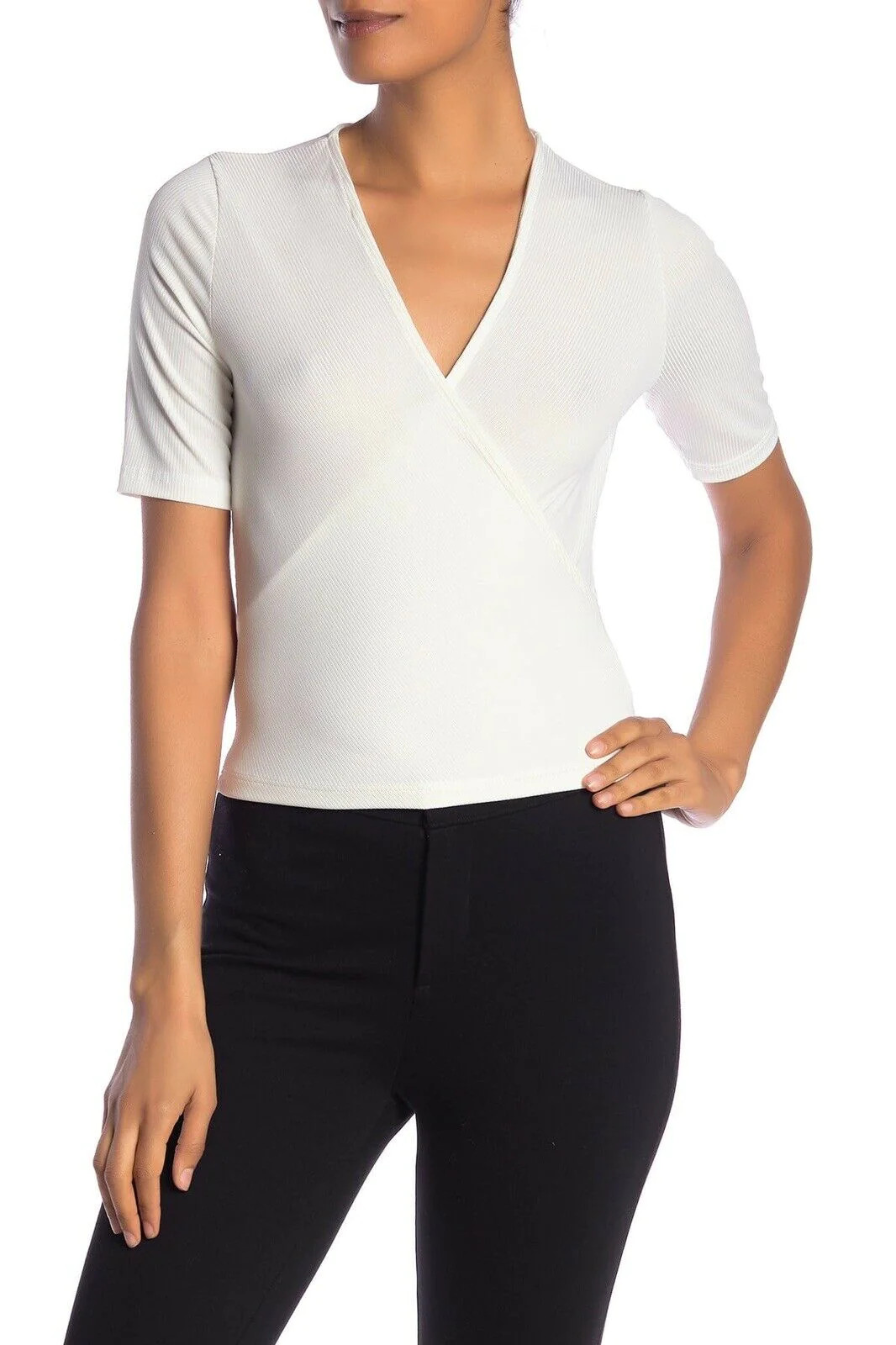 NSR Women’s Frieda Ribbed Surplice Top In Off White Size L Made In USA